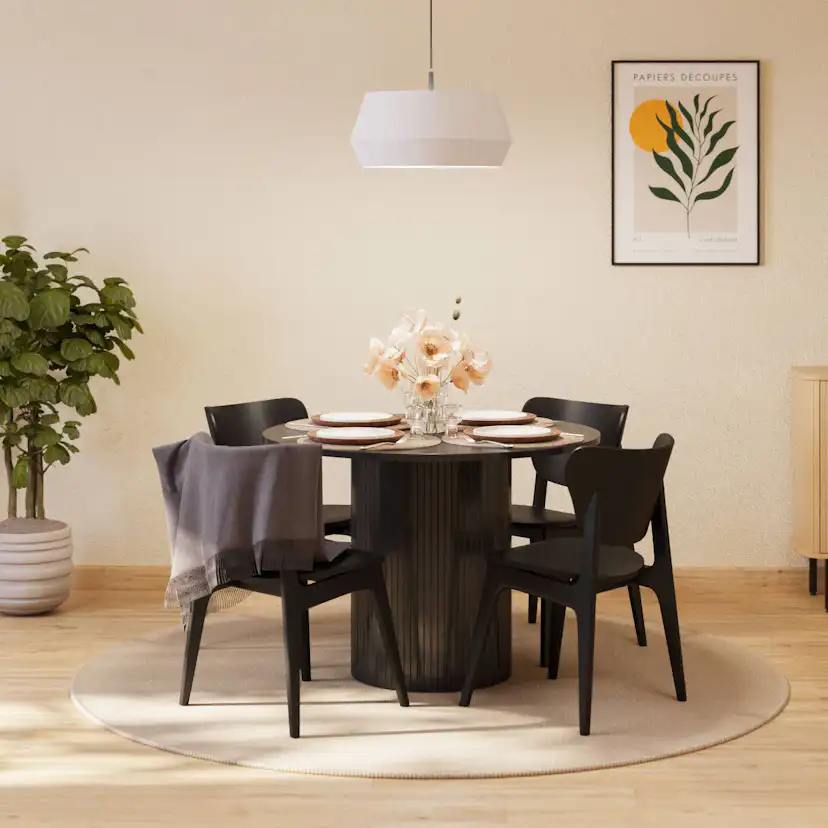 Matgrupp Bark Kopparbo Runt Matbord 106-156 cm Förlängningsbartt med 4 Jerup Matstol
