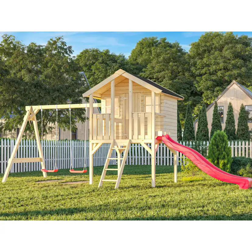 Lekstuga Palmako Toby 2,2 m² Upphöjd Stuga med Gungställning & Altan
