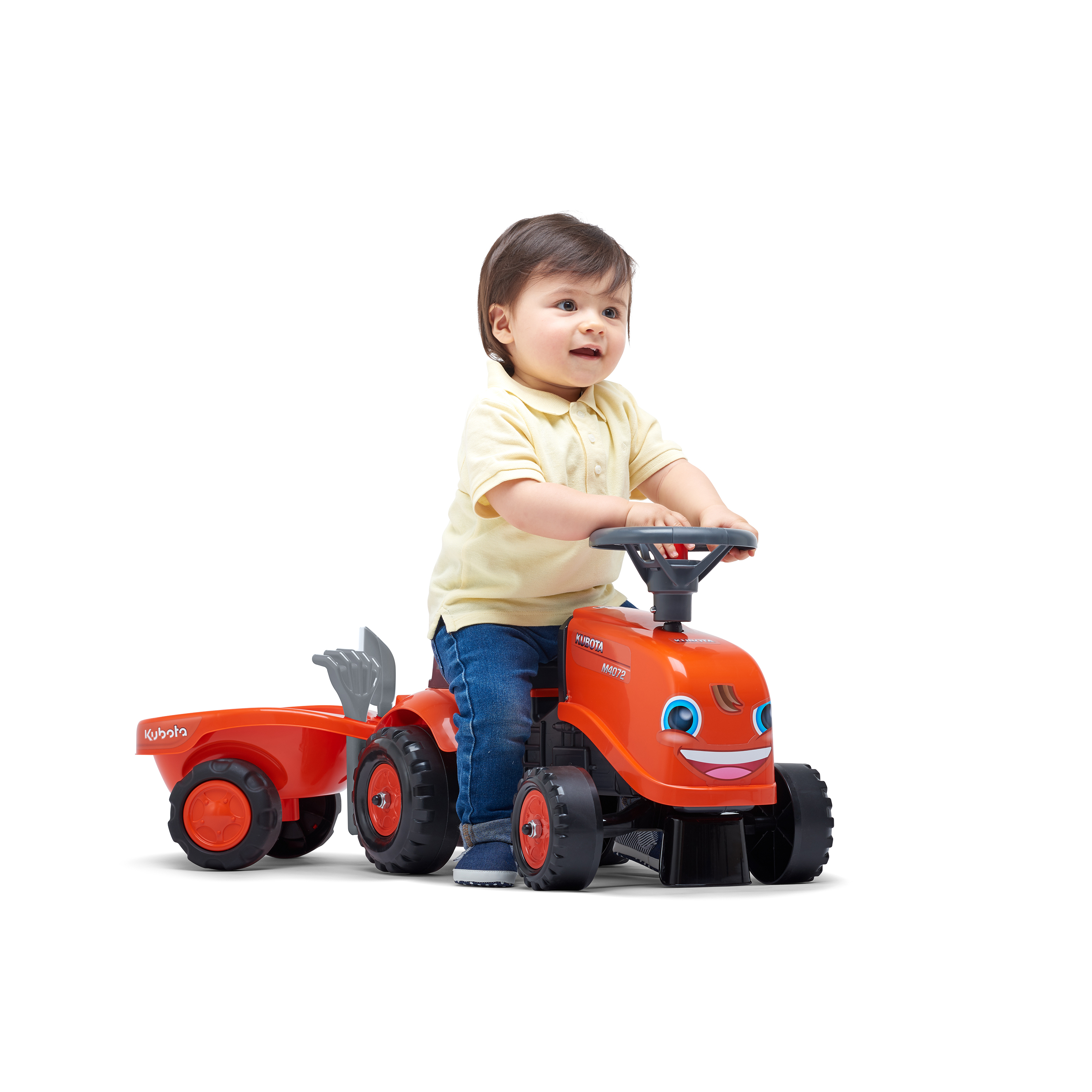Sparkbil FALK Traktor med trailer, kratta och skyffel Baby Kubota