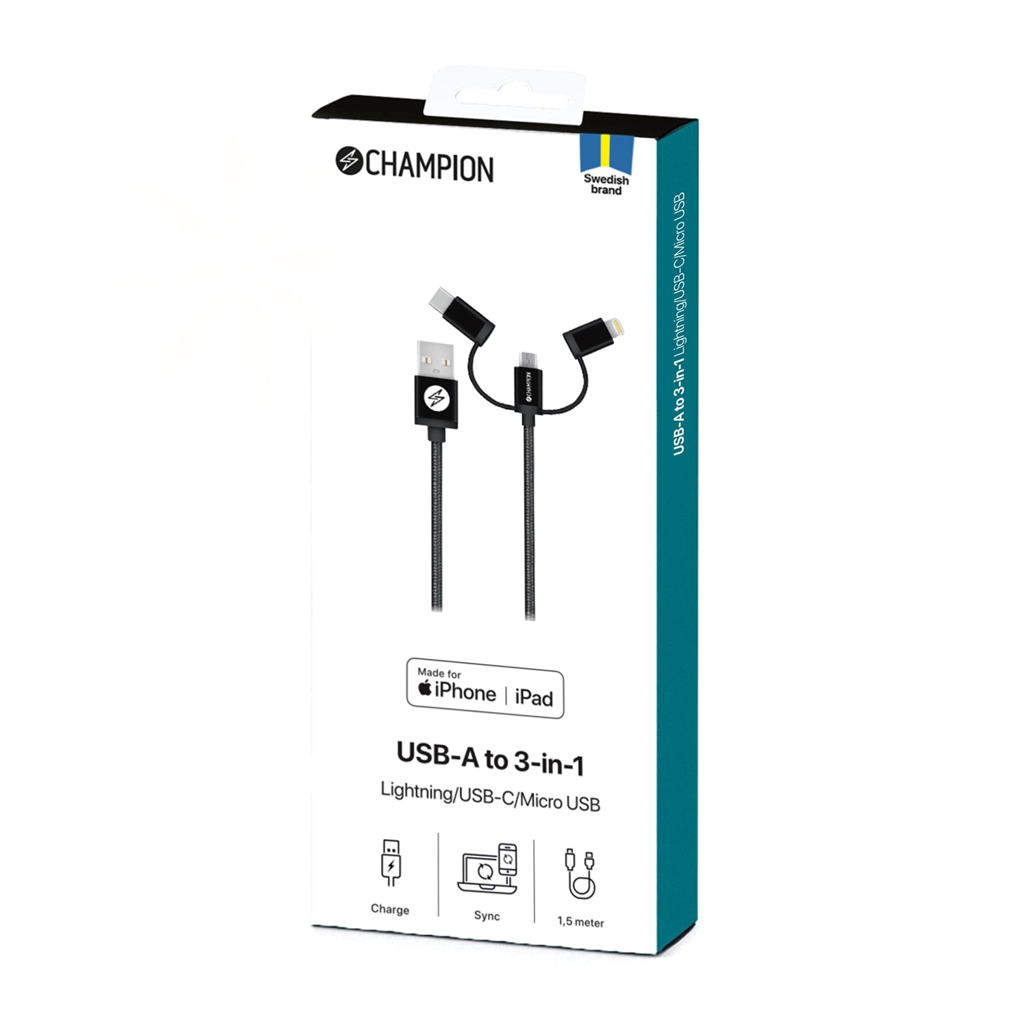 USB-A Champion till Lightning, USB-C och Micro-USB 1,5m Svart