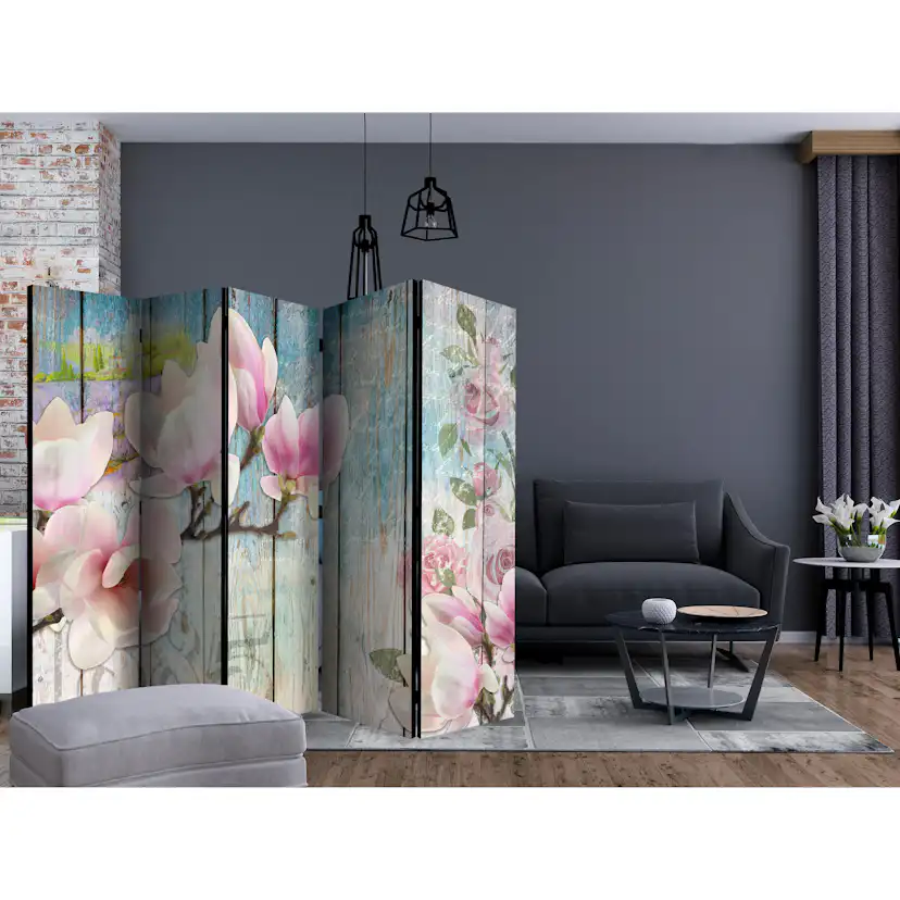 Rumsavdelare Skärmvägg Arkiio Pink Flowers on Wood II 225x172 cm