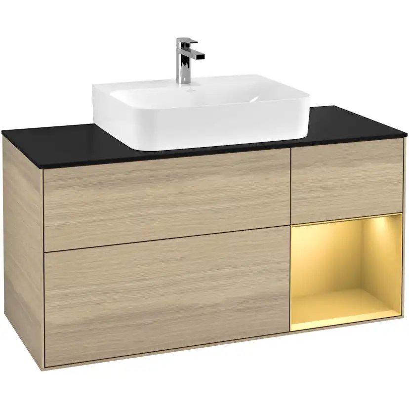 Tvättställsskåp Villeroy & Boch Finion G172HFPC Ekfanér/Guld Mattlack med bänkskiva i Mattsvart glas med Väggbelysning, Lucka Höger