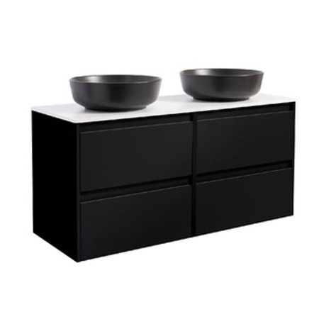 Lux 120 Sv. Bs Vit+2Ts Rund Sv Färg Tvättställsskåpet: Matt Svart, Färg Bänkskiva: Vit, Färg Tvättställ: Svart - B: 1210 mm, H: 737 mm, D: 470 mm