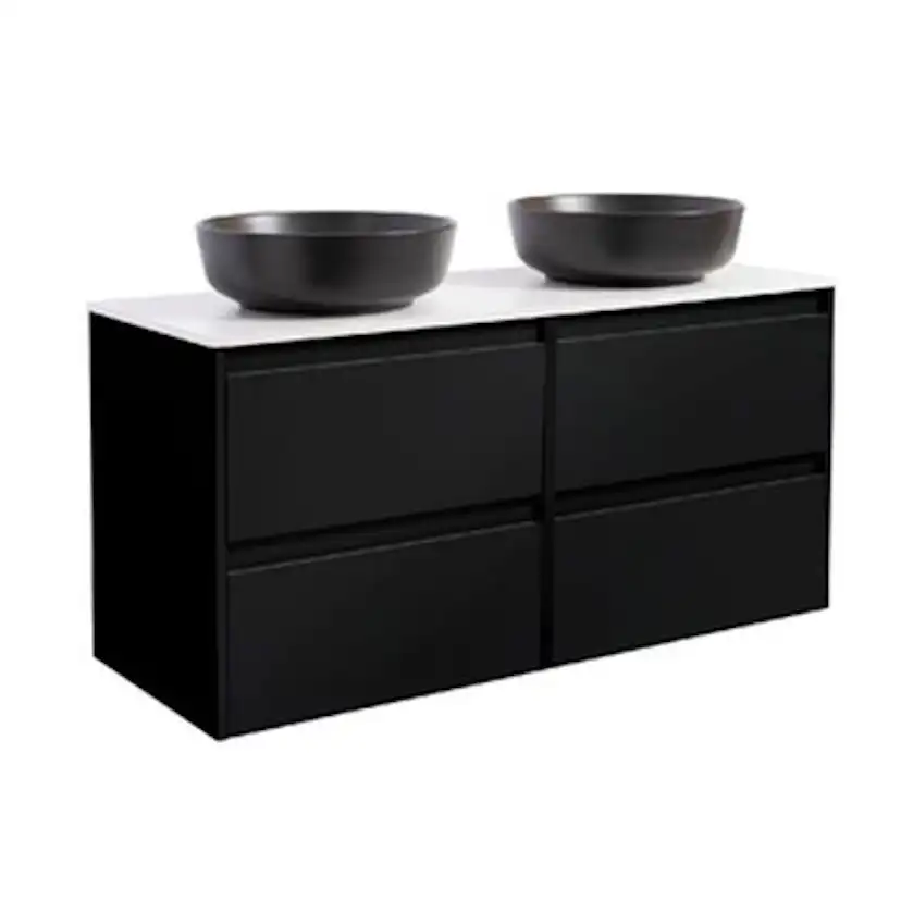 Lux 120 Sv. Bs Vit+2Ts Rund Sv Färg Tvättställsskåpet: Matt Svart, Färg Bänkskiva: Vit, Färg Tvättställ: Svart - B: 1210 mm, H: 737 mm, D: 470 mm
