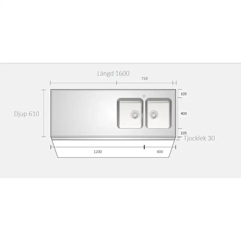 A1600 1600x610x30 Höger Höger, Bredd: 610 mm