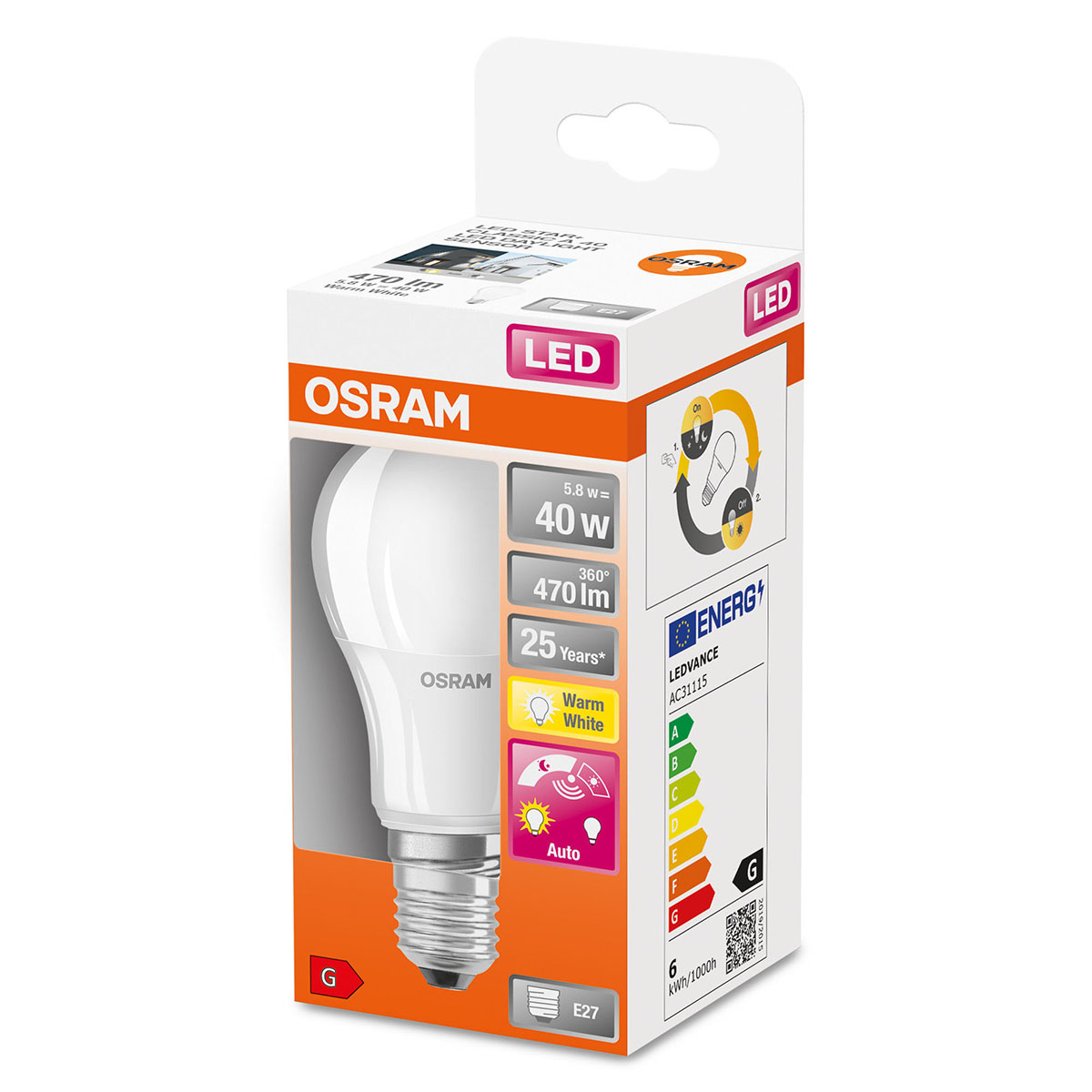 LED-Lampa Osram Normal (40) E27 Matt Sensor 827 Cl A