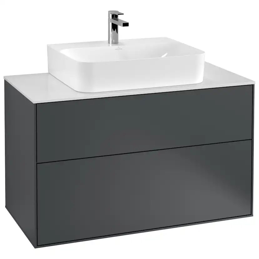 Tvättställsskåp Villeroy & Boch Finion F10100HG Midnattsblå Mattlack, B: 1000 mm med bänkskiva i Mattvitt glas