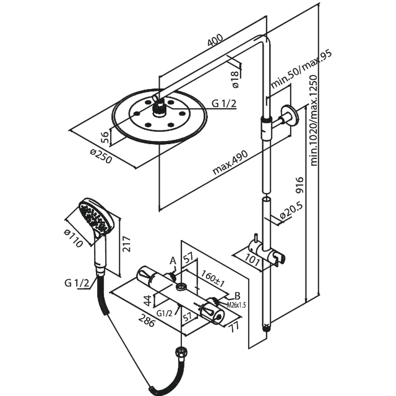 SILHOUET SHOWER SYSTEM Mattvit, 160 cc