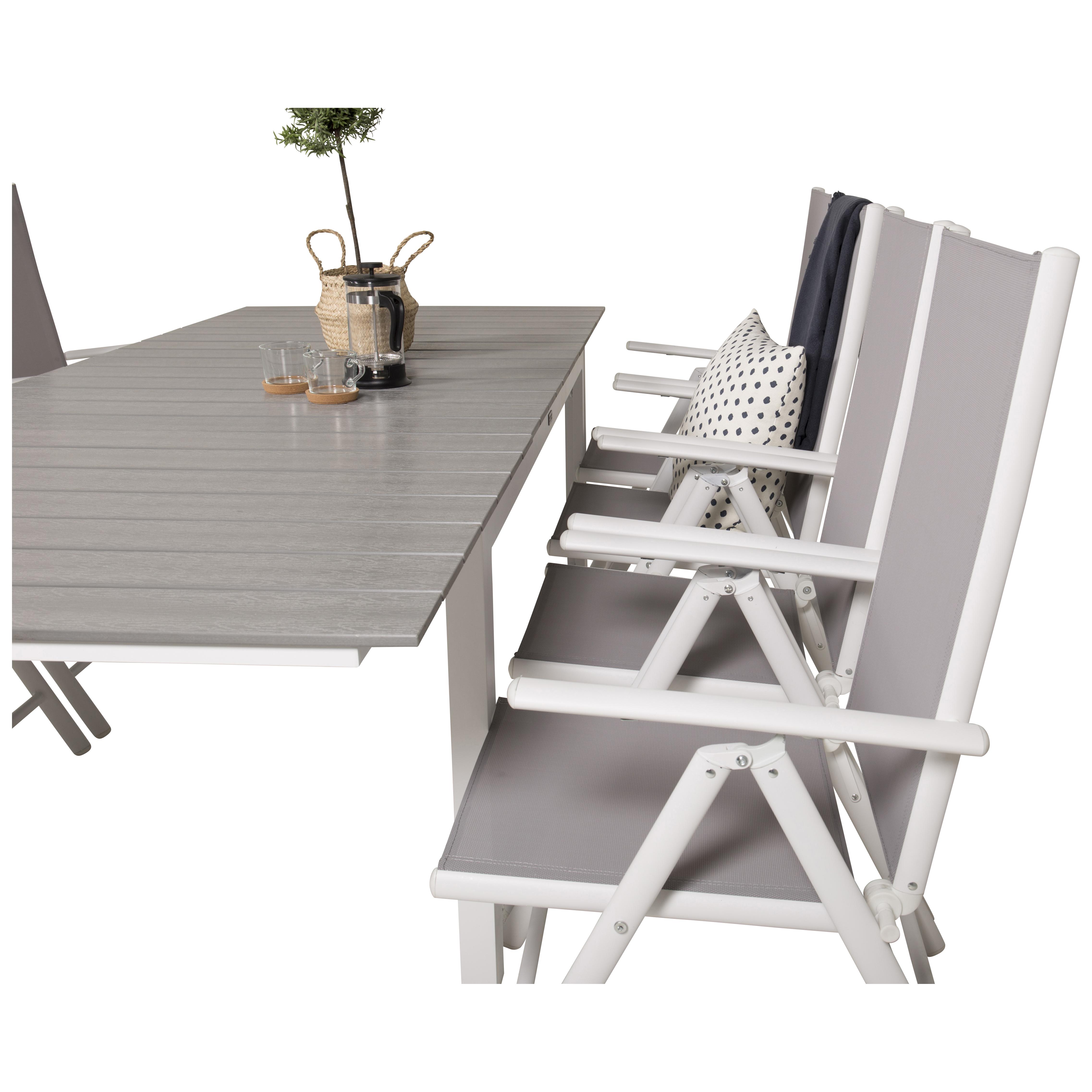 Levels bord 160/240*90-Vit Alu/Grå+Break 5:pos stol-Vit alu8 Grå Bord med Vita Ben, Grå Stol med Vita Ben