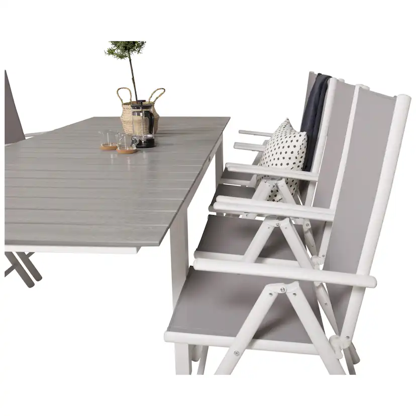 Levels bord 160/240*90-Vit Alu/Grå+Break 5:pos stol-Vit alu8 Grå Bord med Vita Ben, Grå Stol med Vita Ben