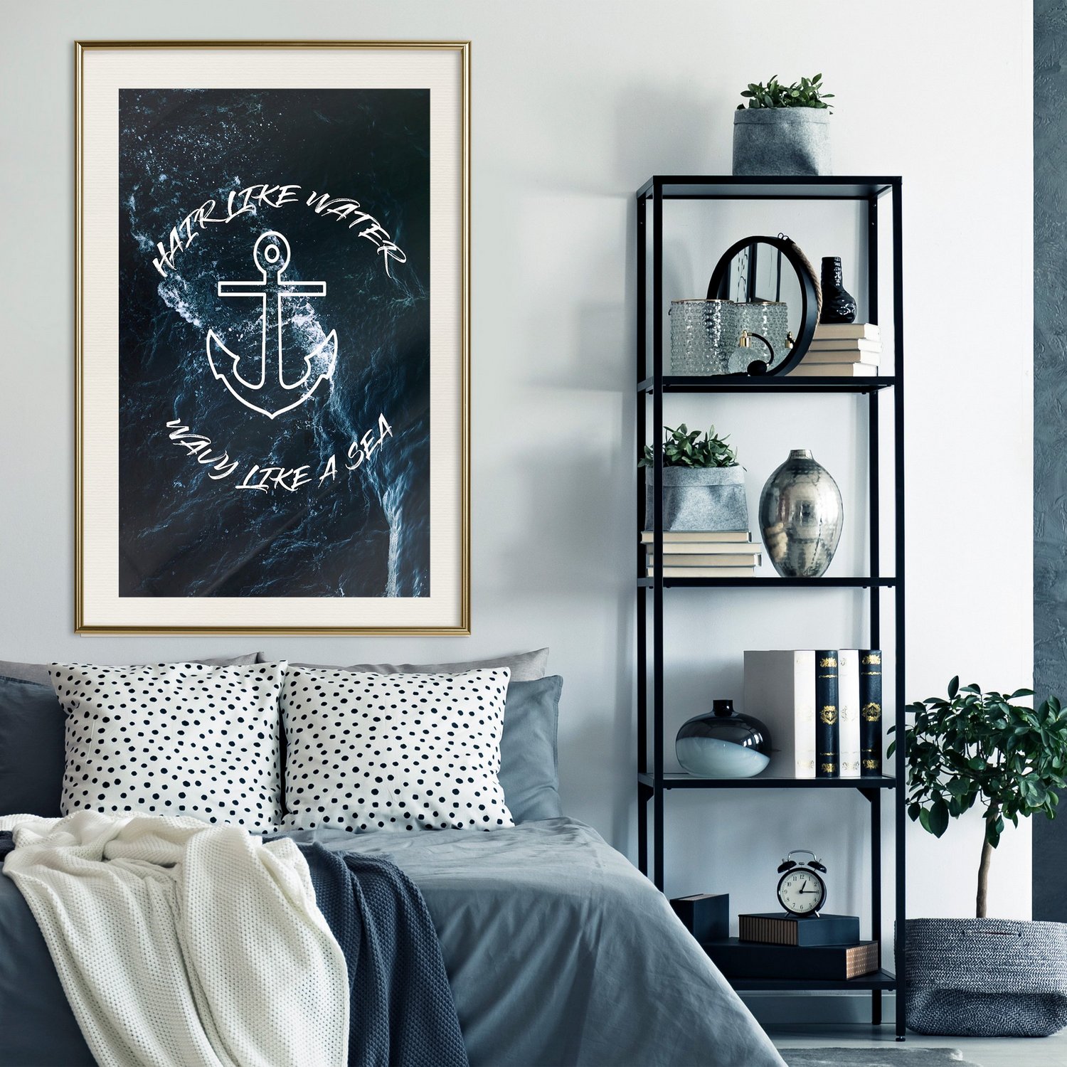 Affisch - Hair like Water, Wavy like a Sea [Poster] 40x60 Guld ram med passepartout, 40x60 cm