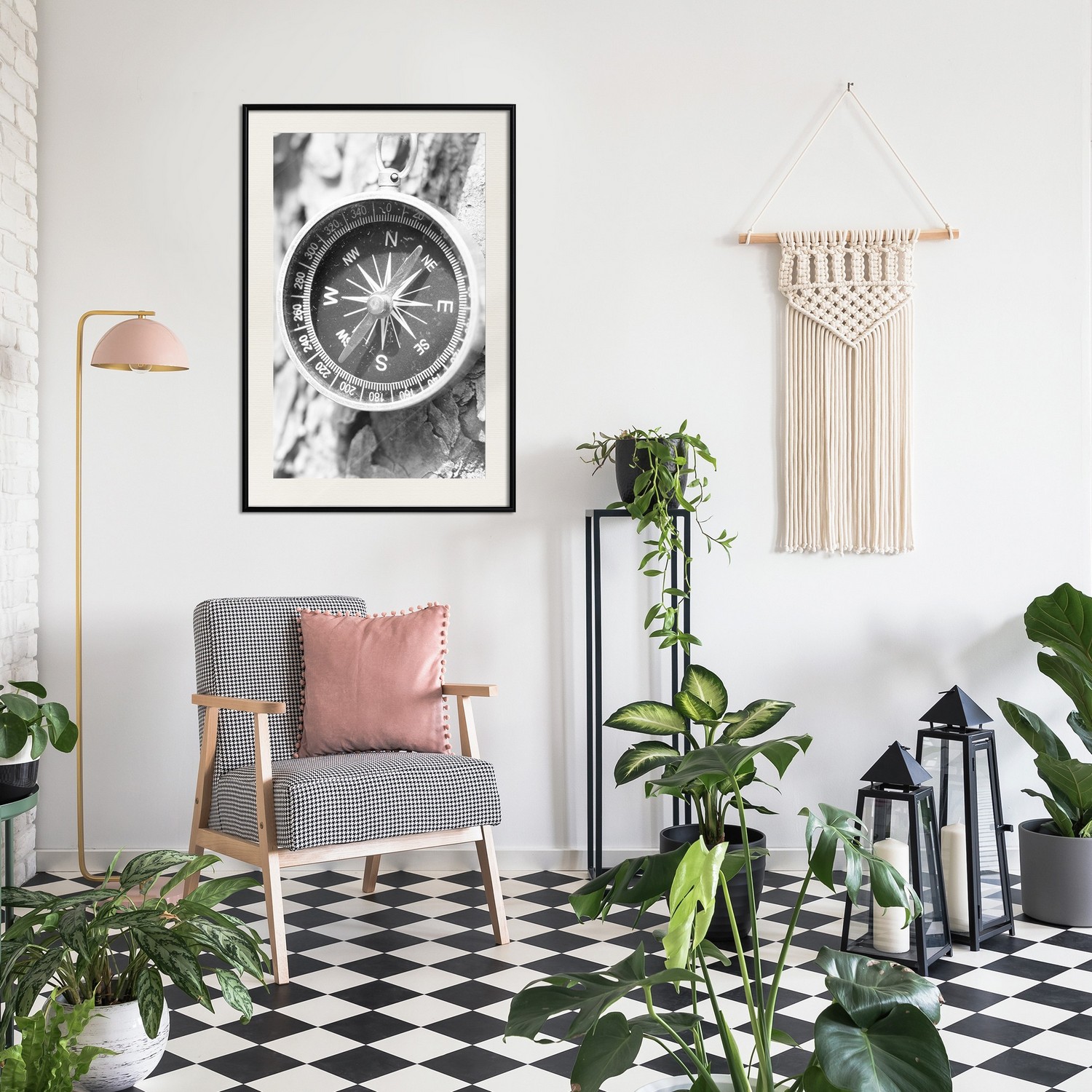 Affisch - Black and White Compass [Poster] 40x60 Svart ram med passepartout, 40x60 cm