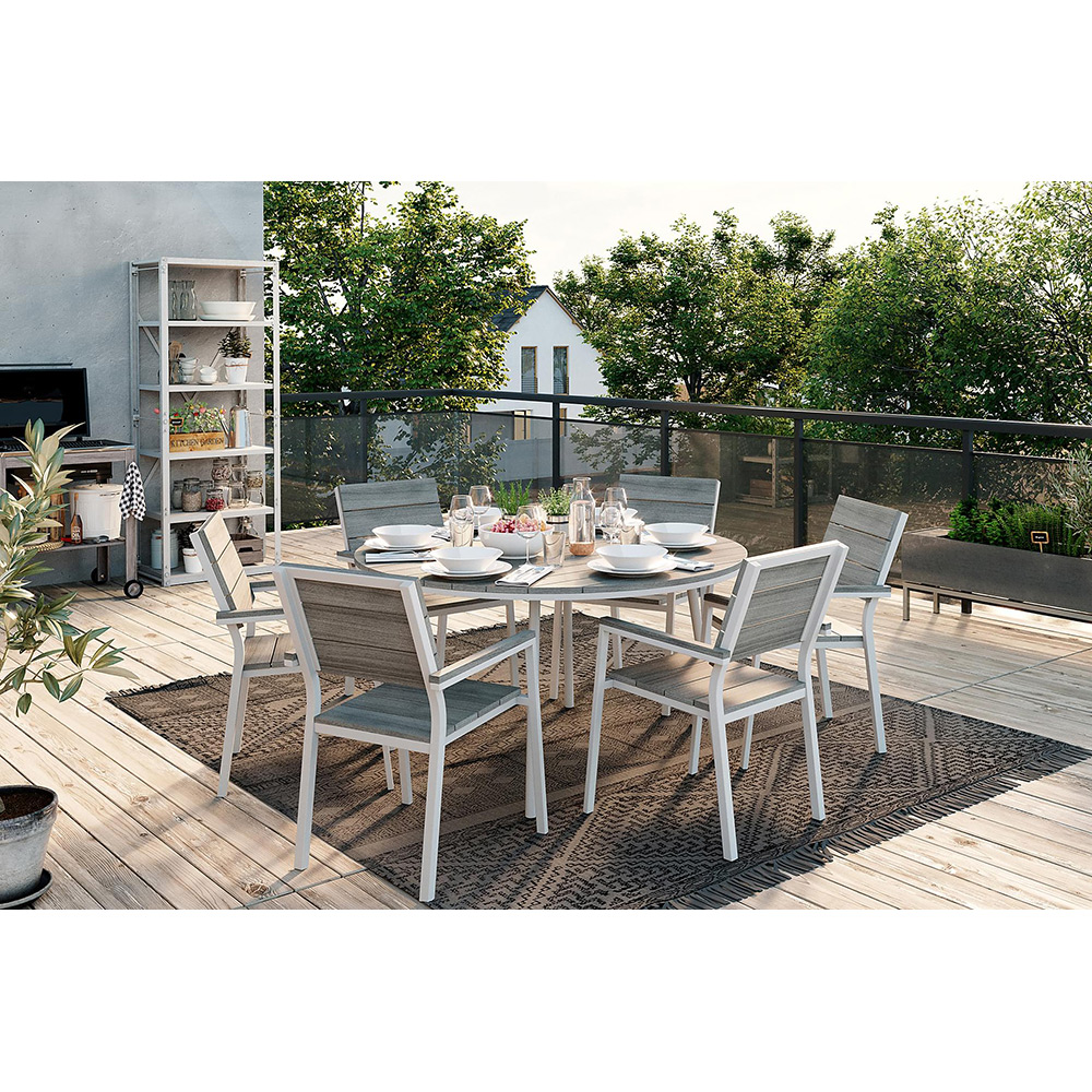 Matgrupp Utomhus Comfort Garden Tunis Rund 140 med 6 StapelTrädgårdsstolar Aintwood