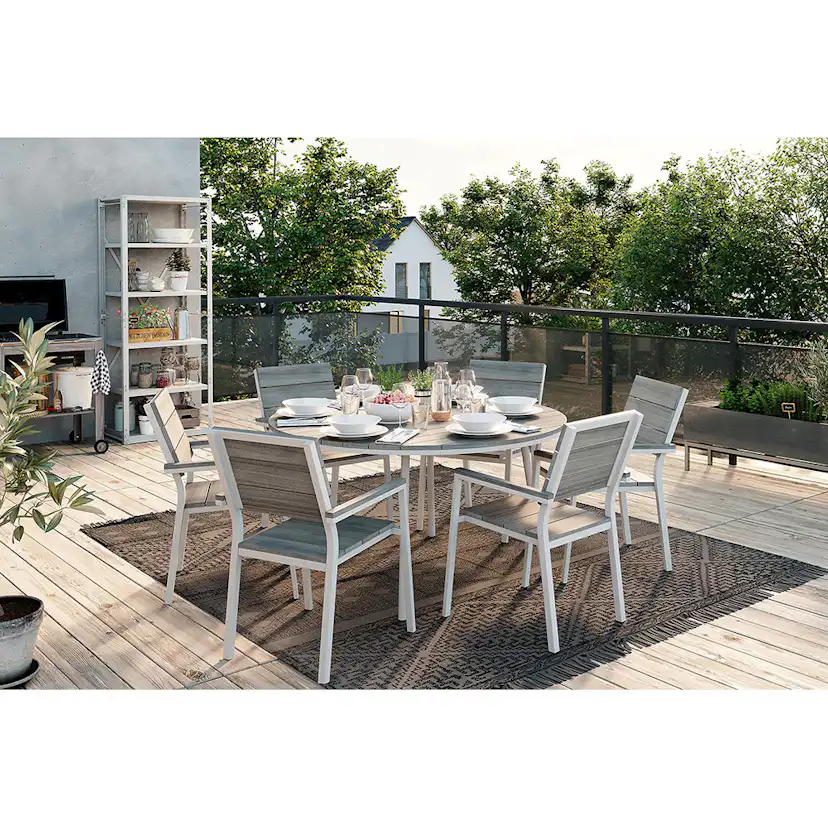 Matgrupp Utomhus Comfort Garden Tunis Rund 140 med 6 StapelTrädgårdsstolar Aintwood