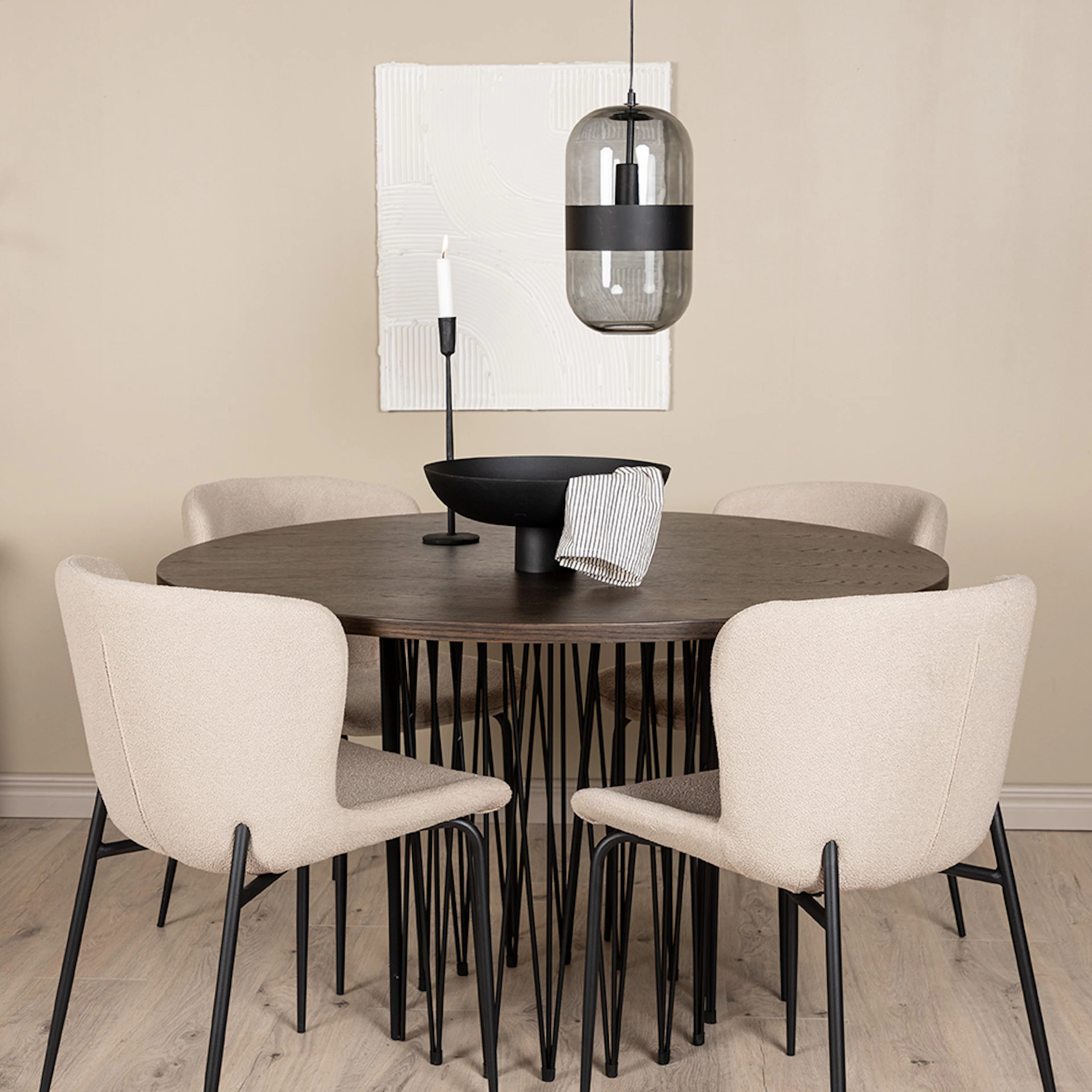 Stone round Dining Table - Black / Mocca Veneer +Modesto Din Beige/Ek