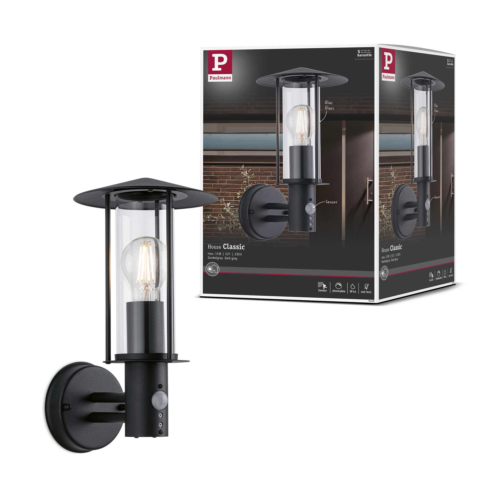 Fasadbelysning Paulmann Classic IP44 230V Design: med Skymningsstyrd Rörelsedetektor