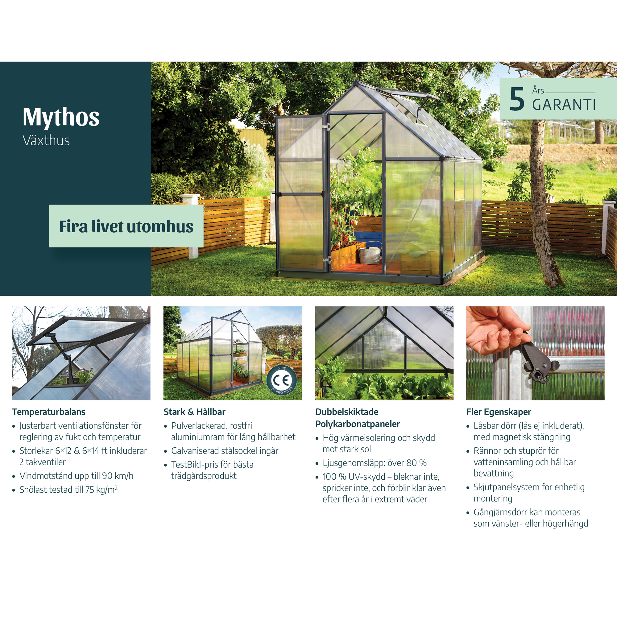 Växthus Canopia by Palram Mythos Aluminiumram med UV-Skyddad Polykarbonat & Ventilationsfönster, 7,9 m²