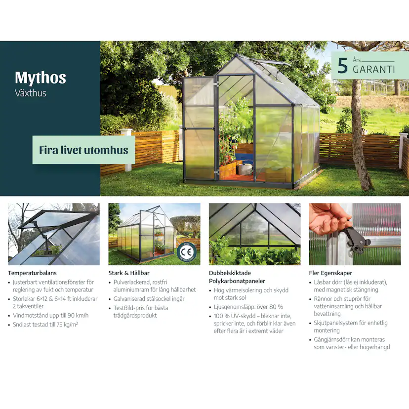 Växthus Canopia by Palram Mythos Aluminiumram med UV-Skyddad Polykarbonat & Ventilationsfönster, 7,9 m²