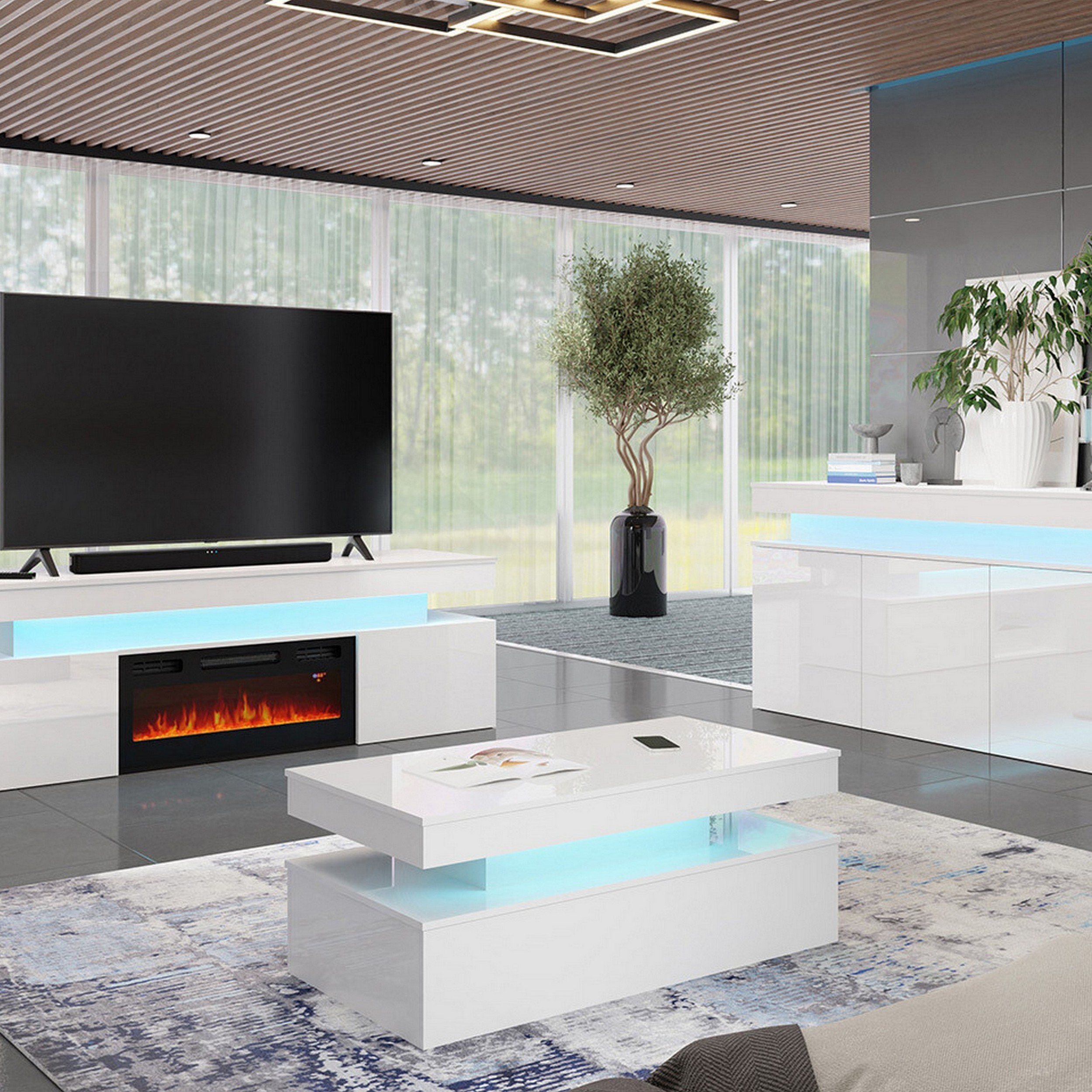 Tv-Bänk In Living Glenndale med Förvaring, Belysning och LED Kamin