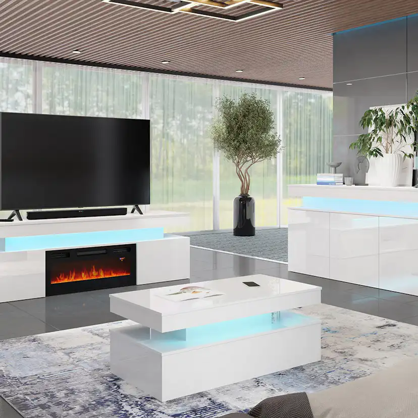 Tv-Bänk In Living Glenndale med Förvaring, Belysning och LED Kamin