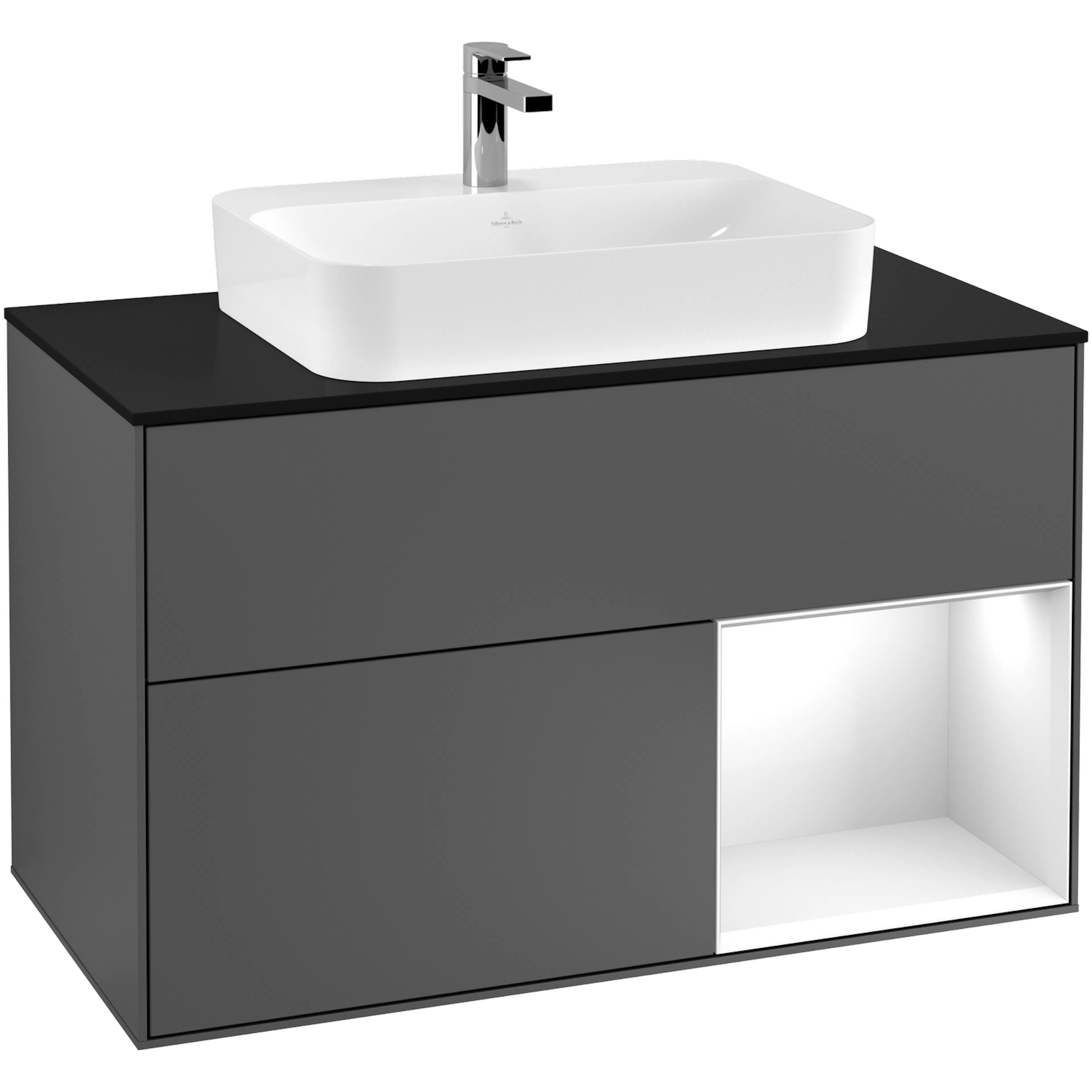 Tvättställsskåp Villeroy & Boch Finion F372GFGK Antracitgrå Mattlack/Vit Högblank med bänkskiva i Mattsvart glas, Lucka Höger