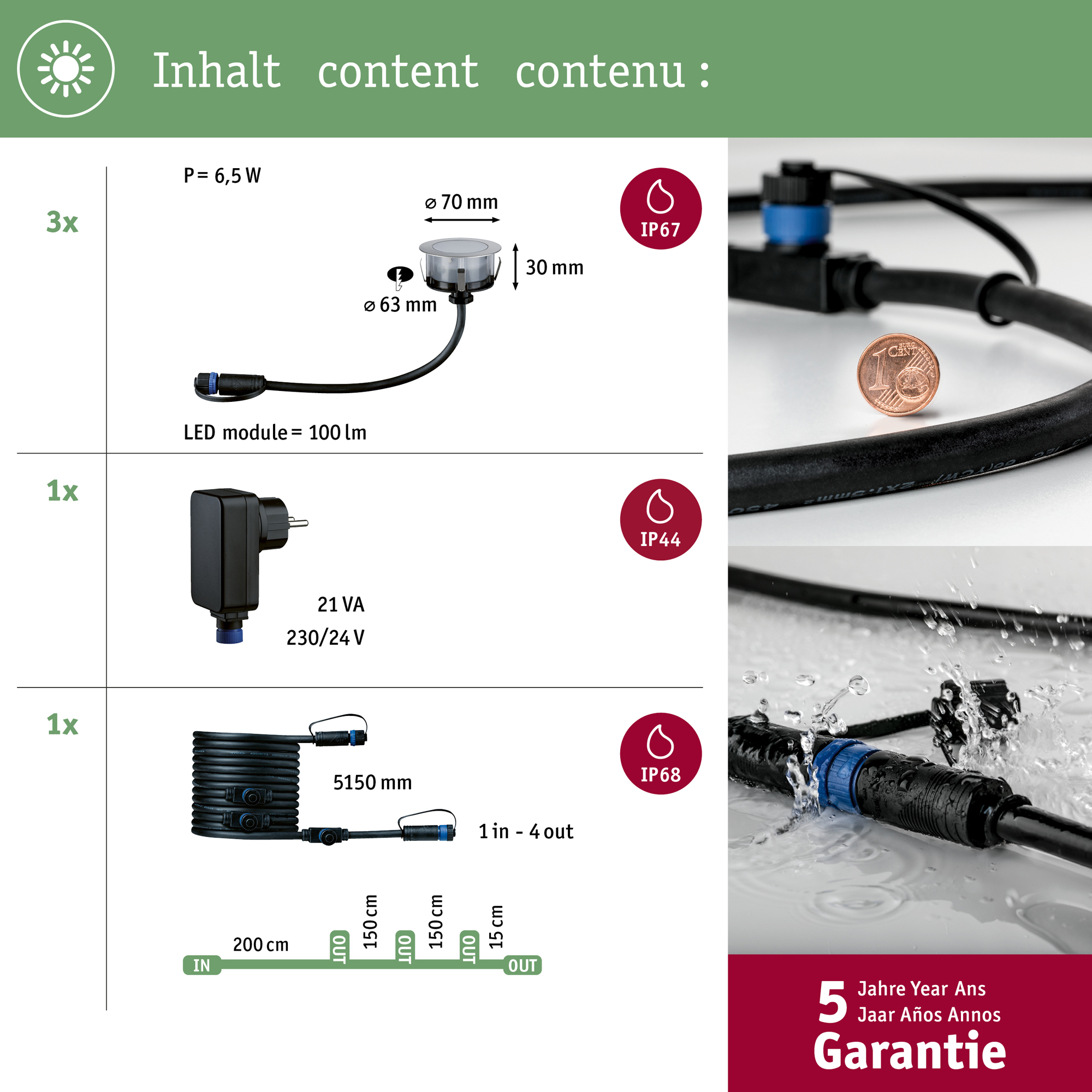 LED Infälld Markbelysning Paulmann Plug & Shine Floor Profil Spot Insektsvänlig IP67 2W 3-pack med Kabel & Transformator