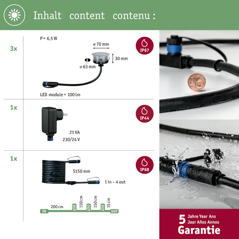 LED Infälld Markbelysning Paulmann Plug & Shine Floor Profil Spot Insektsvänlig IP67 2W 3-pack med Kabel & Transformator
