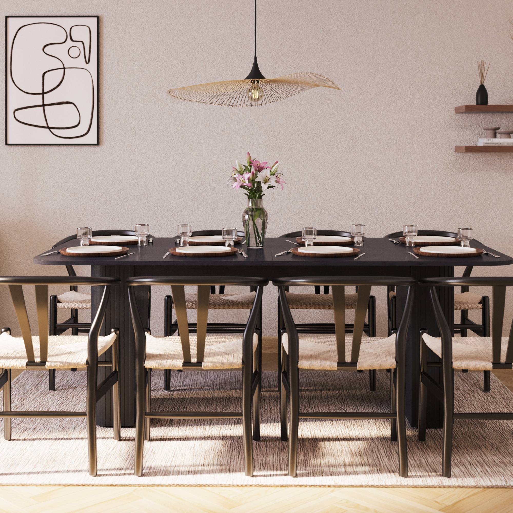 Matgrupp Bark Kopparbo Rektangulärt Matbord 200-260 cm Förlängningsbartt med 8 Dastoori Matstol