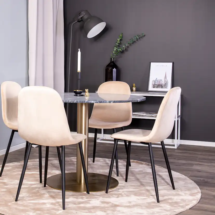 Estelle runt Matbord - Borstad Mässing / Svart marmor - ø106 Svart Bord med Mässingsben, Beige Stol med Svarta Ben