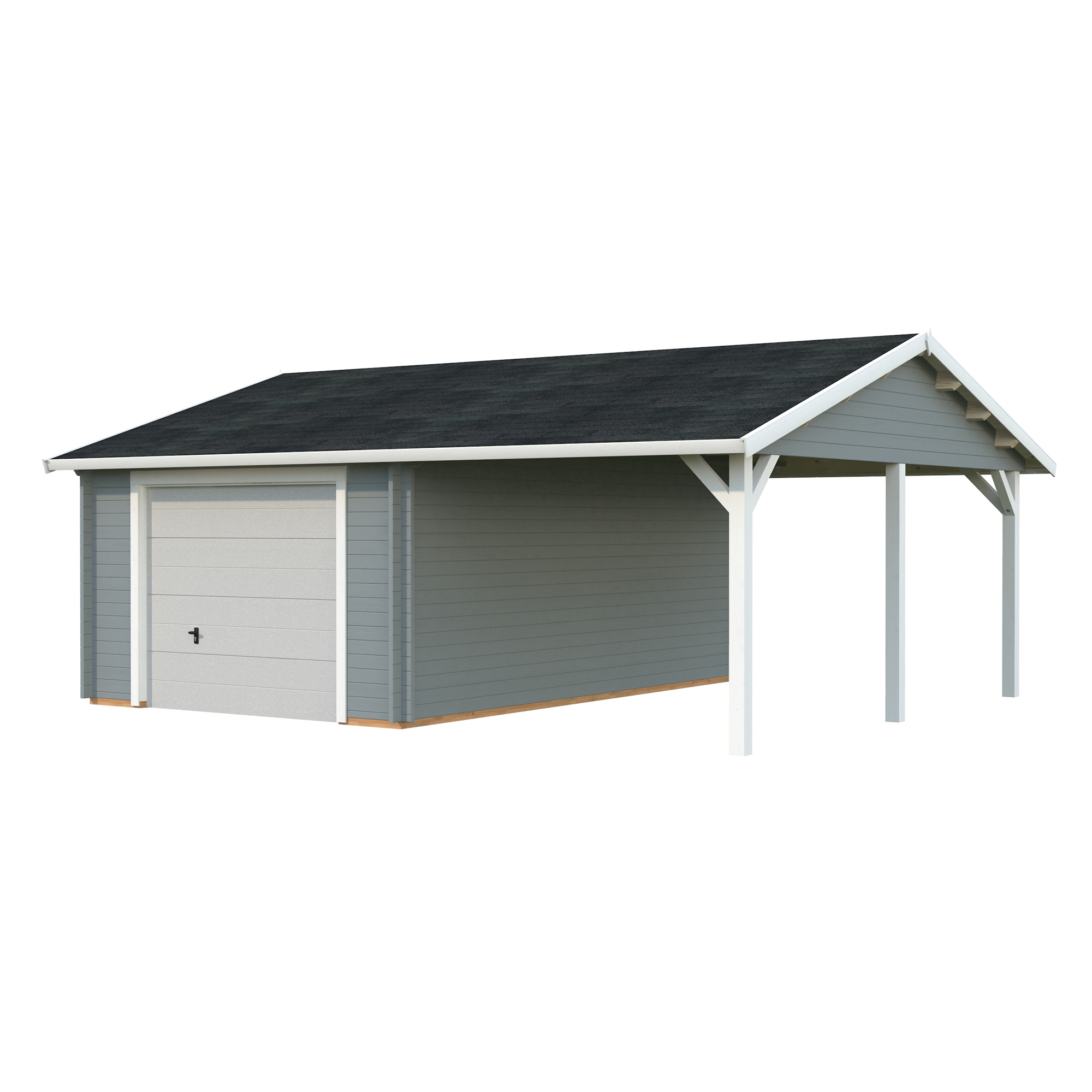 Roger 19,0+16,2 m2 with sectional door PNT7042W2 Målad ljusgrå RAL7042 + vit RAL9016