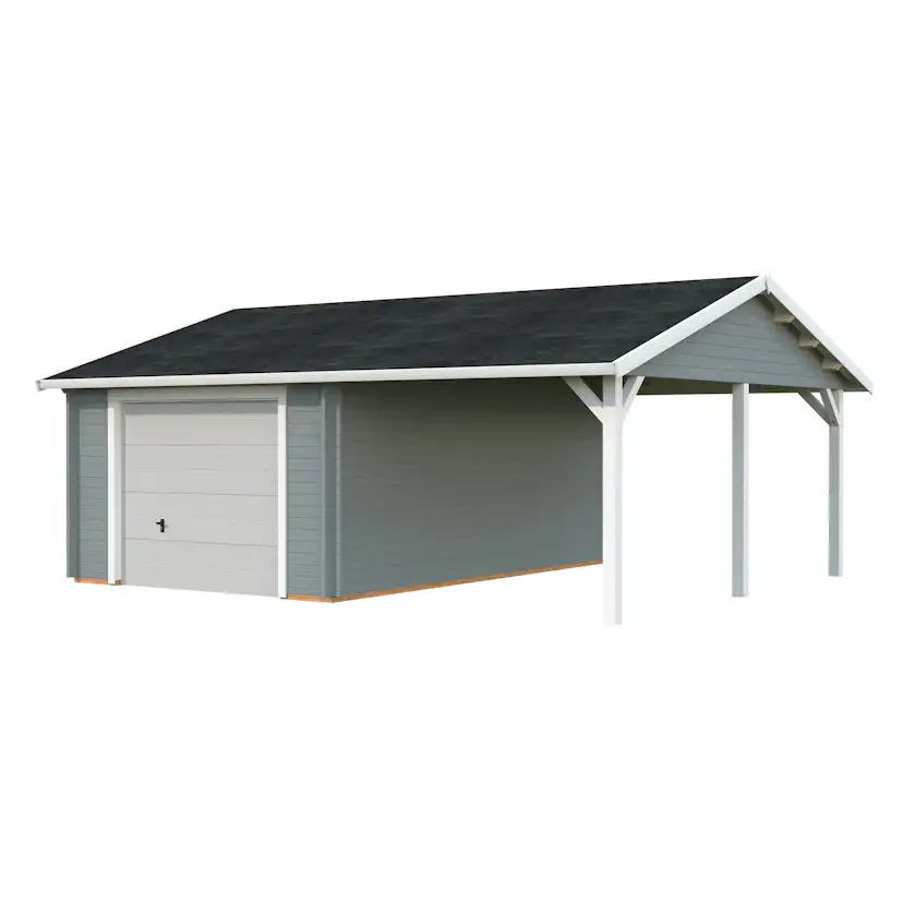 Roger 19,0+16,2 m2 with sectional door PNT7042W2 Målad ljusgrå RAL7042 + vit RAL9016