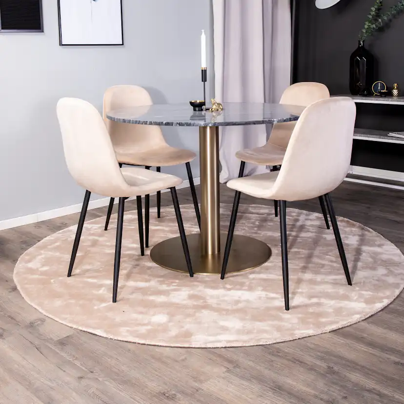 Estelle runt Matbord - Borstad Mässing / Svart marmor - ø106 Svart Bord med Mässingsben, Beige Stol med Svarta Ben