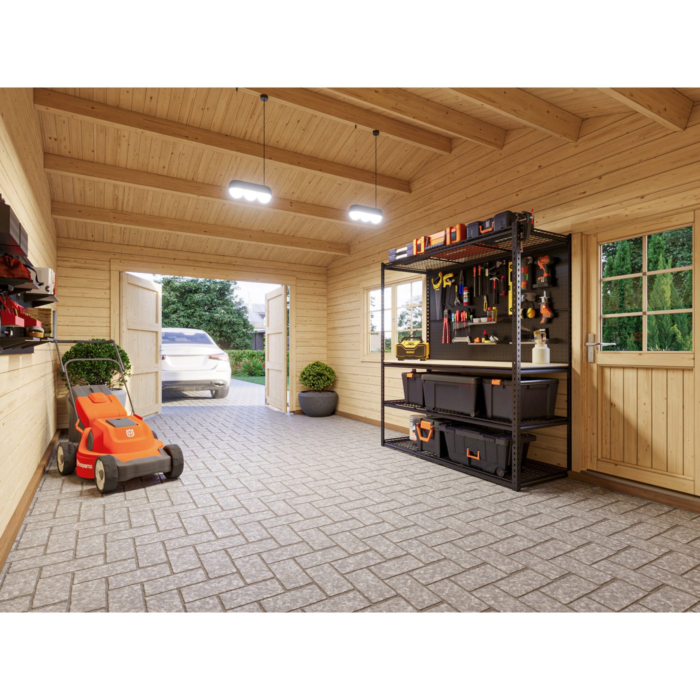 Roger 19,0+16,2 m2 with wooden gate PNT7012W2 Målad grå RAL7012 + vit RAL9016