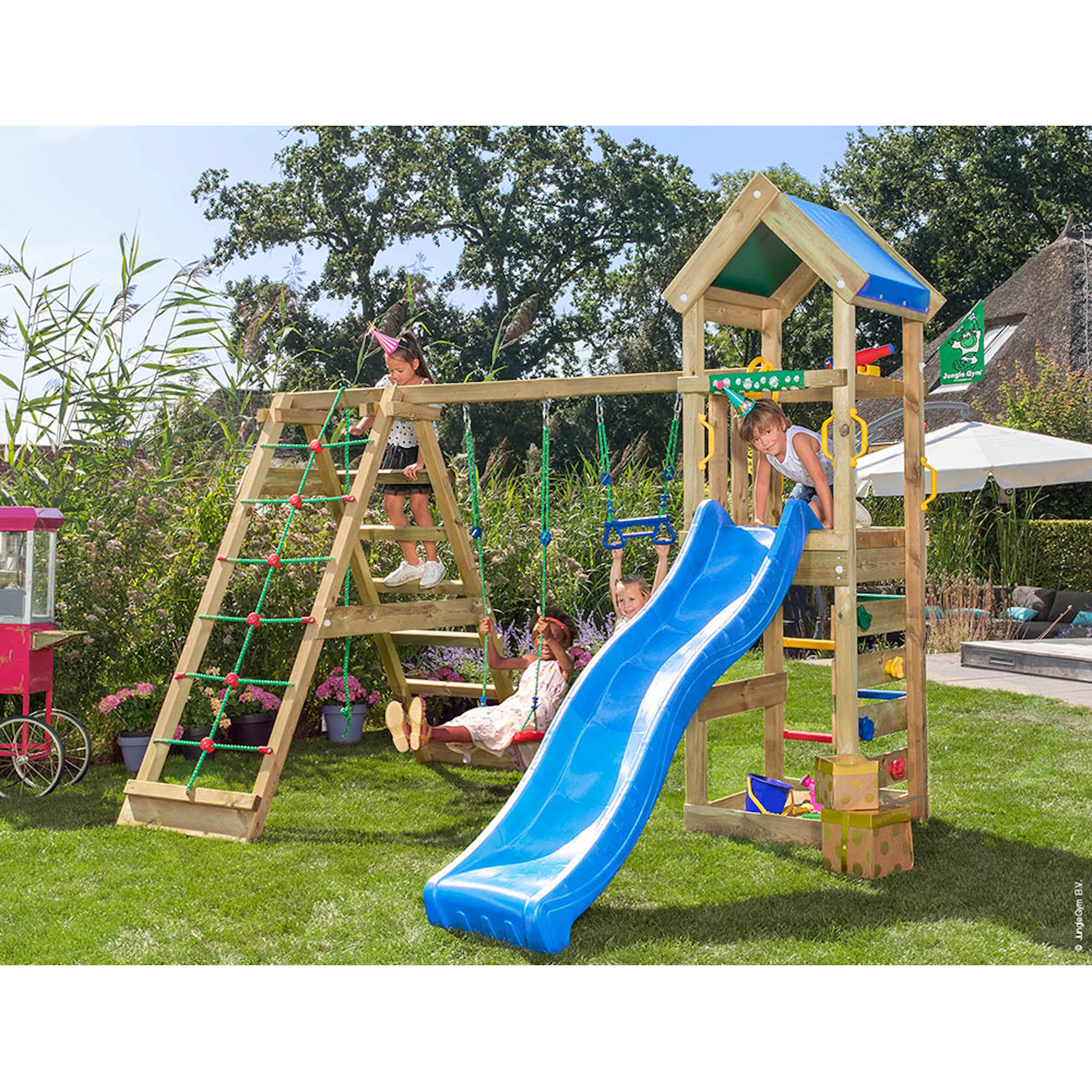 Jungle Gym Patio med klätterställning, 2 gungor och blå ruts Blå