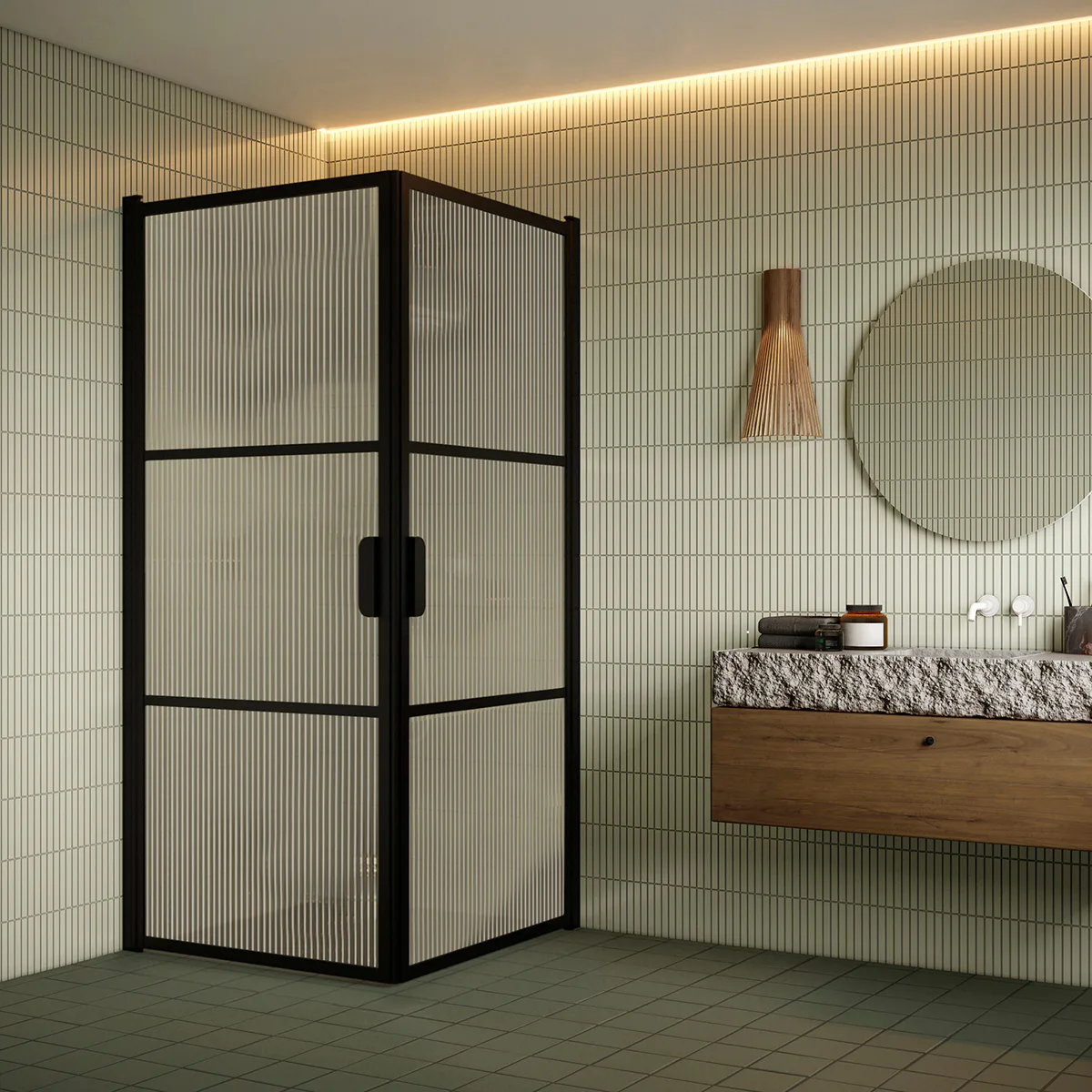 Bläk 762 Tokyo duschhörn med vändbara dör svart/reed 817x817 817 (A) x 817 (B) mm, Reeded, Svarta Profiler