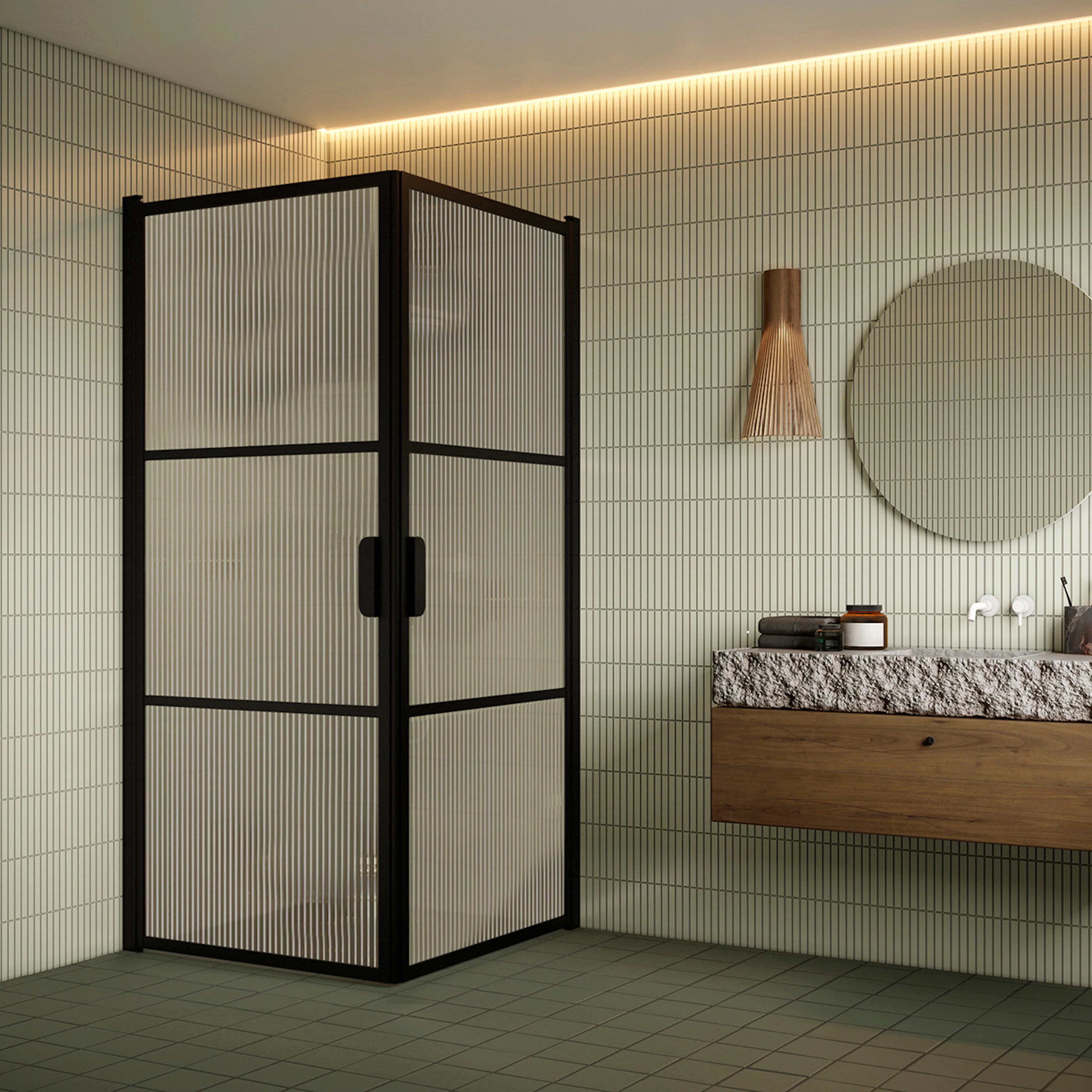 Bläk 762 Tokyo duschhörn med vändbara dör svart/reed 817x817 817 (A) x 817 (B) mm, Reeded, Svarta Profiler