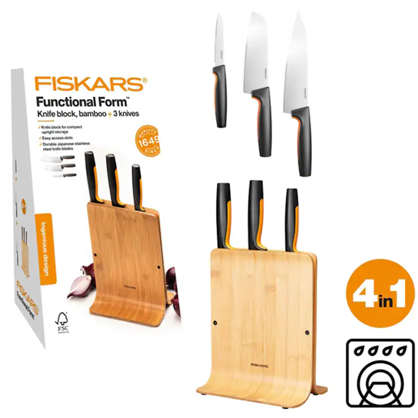 Knivblock Fiskars Functional Form i Miljövänligt Bambu Inkl 3 Proffessionella Knivar