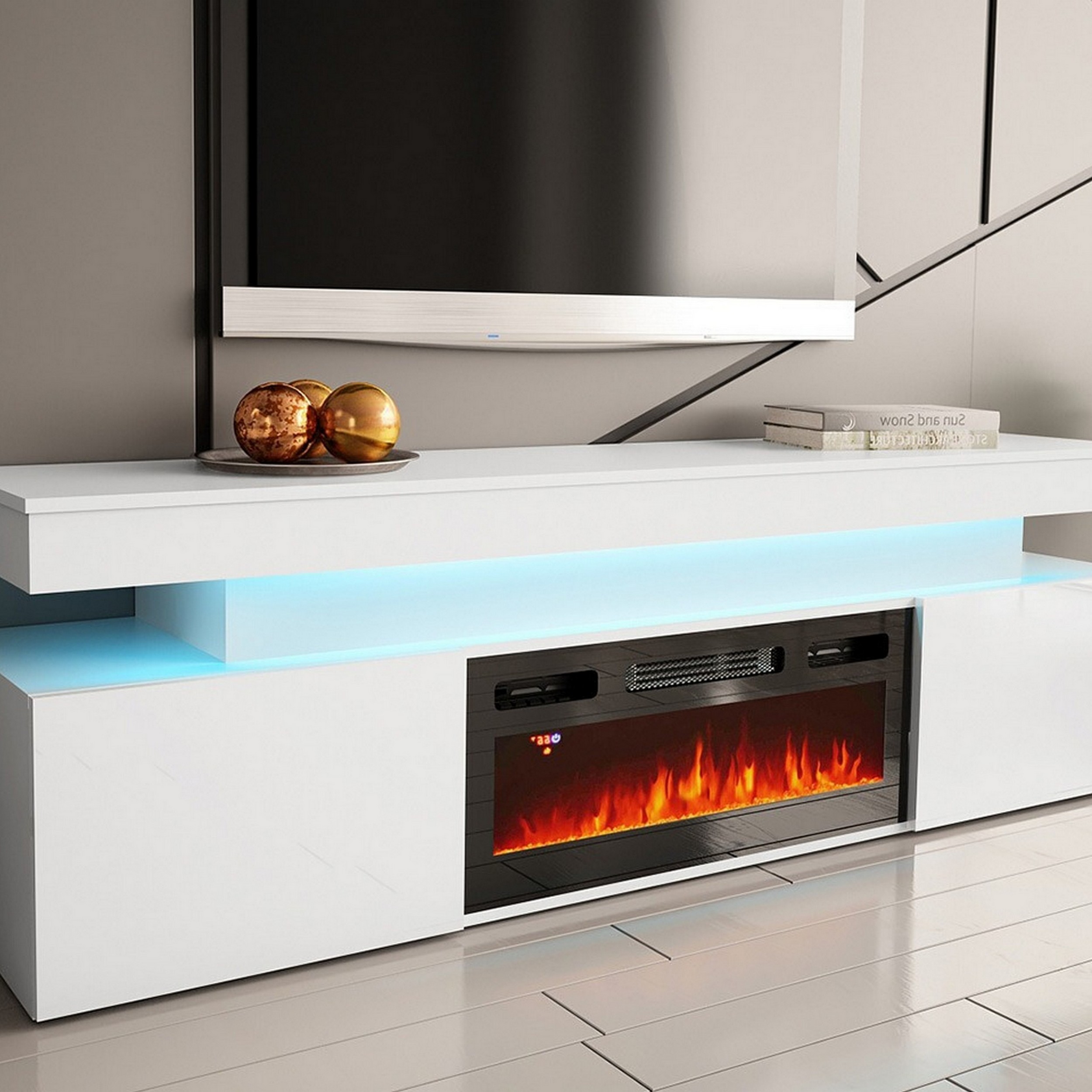 Tv-Bänk In Living Glenndale med Förvaring, Belysning och LED Kamin