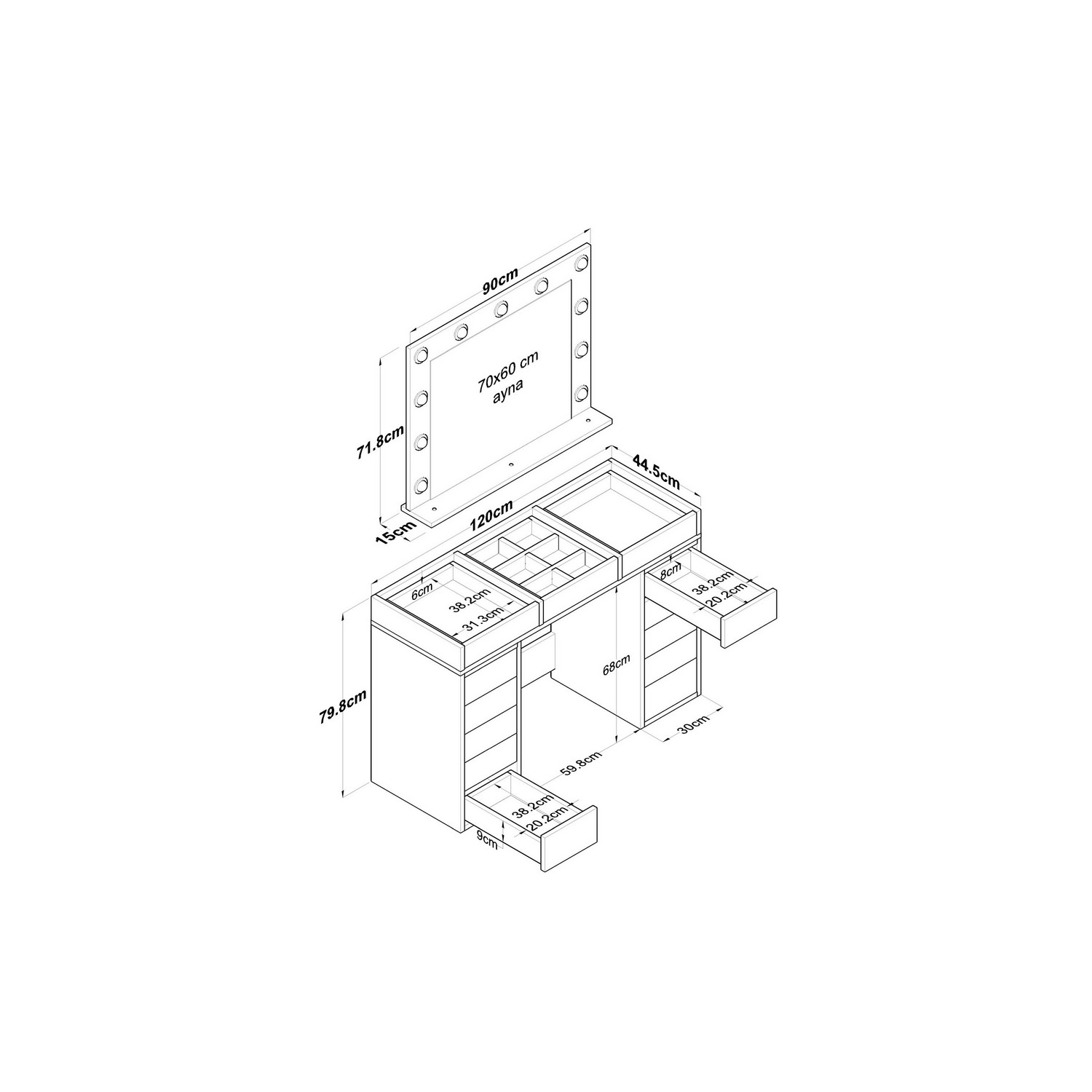 Sminkbord Scandinavian Choice Ramender Komplett med Sminkspegel, förvaring & Bordsskiva i Glas 120cm