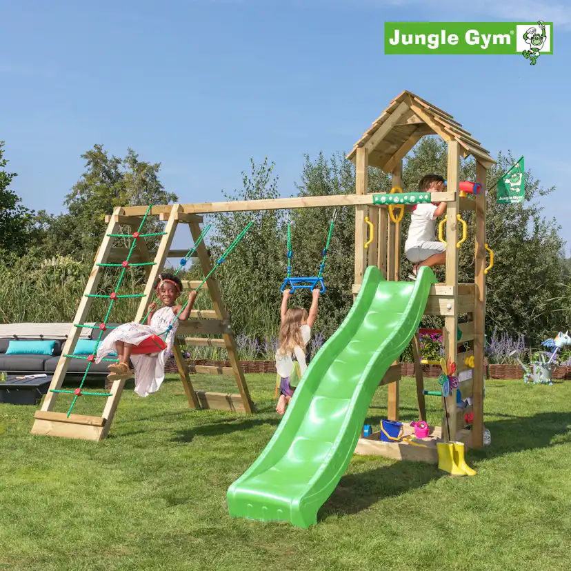 Jungle Gym Cocoon med klätterställning, 2 gungor och mörkgrö Grön
