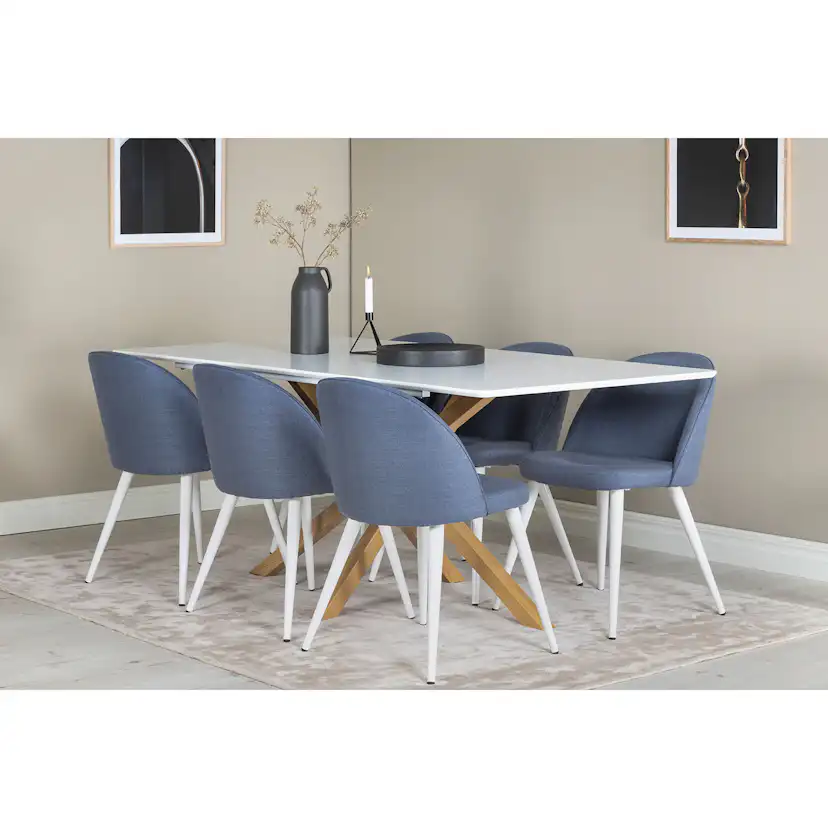 Piazza Dining Table - 180*90*75 - White / Oak+Velvet Dining Blå/Vit