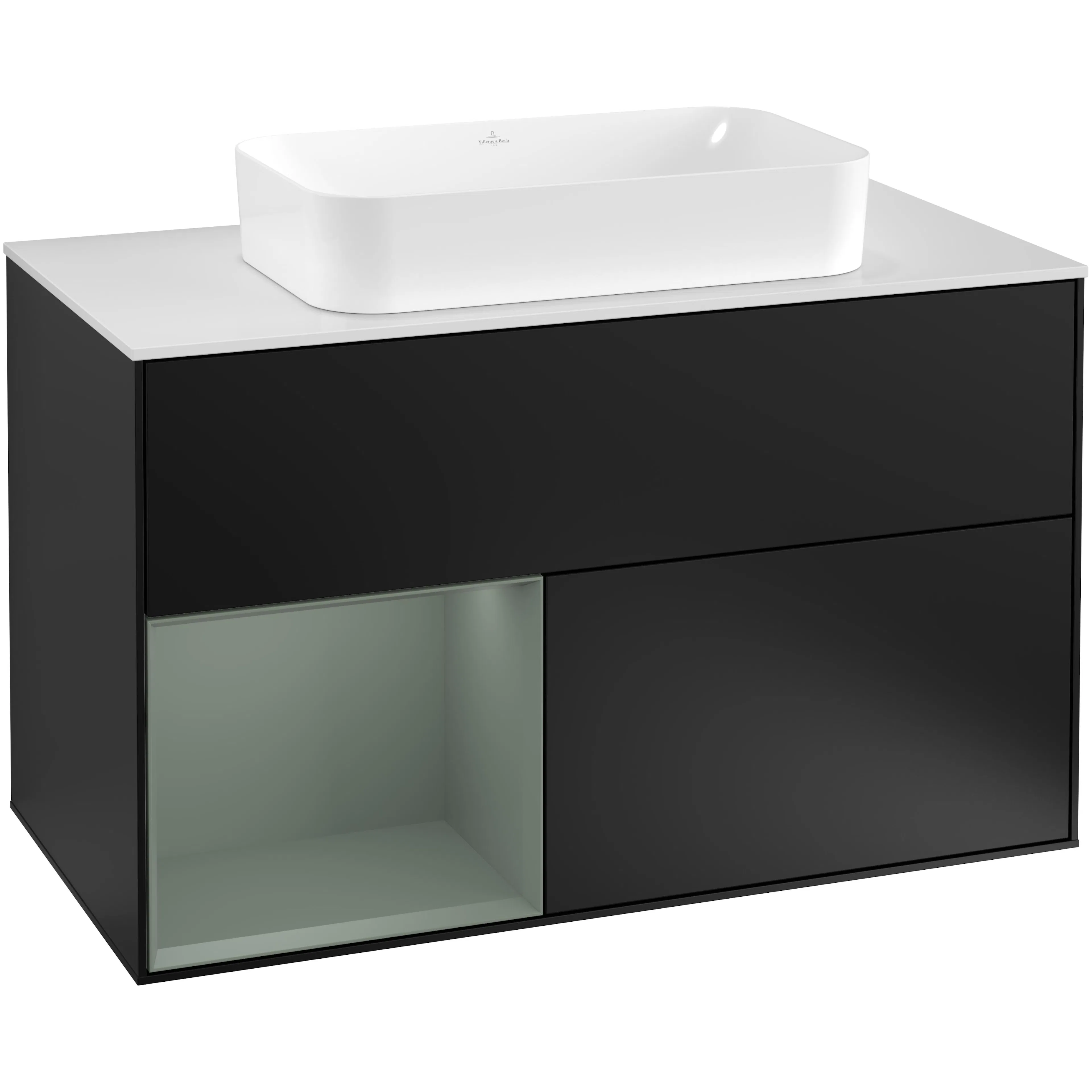 Tvättställsskåp Villeroy & Boch Finion F241GMPD Svart Mattlack/Oliv Mattlack med bänkskiva i Mattvitt glas, Lucka Vänster med Blandarhål