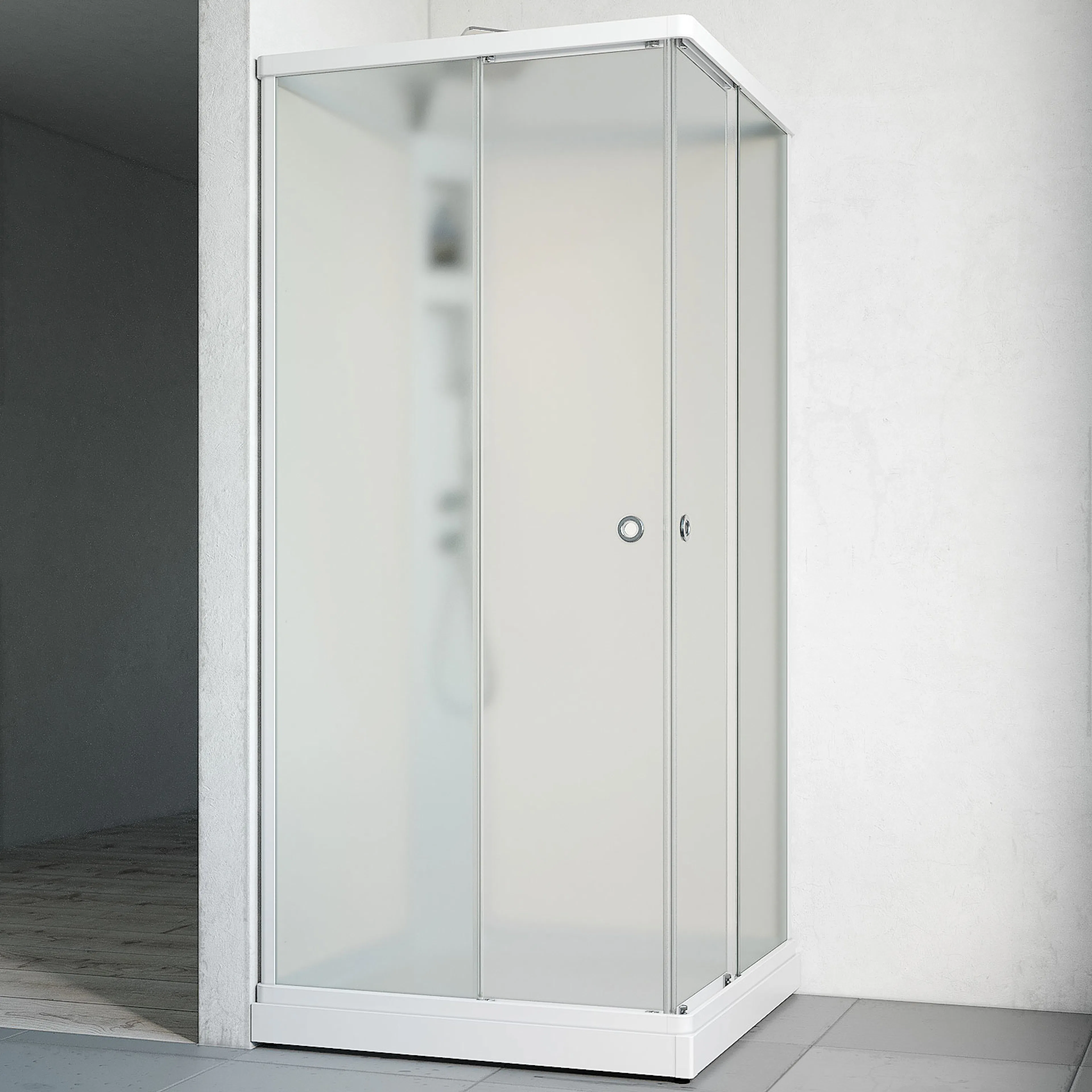 Duschkabin Macro Design Flow Rak med Infälld Blandare, 810x810 mm, Vit Profil, Ice/Vit bakvägg