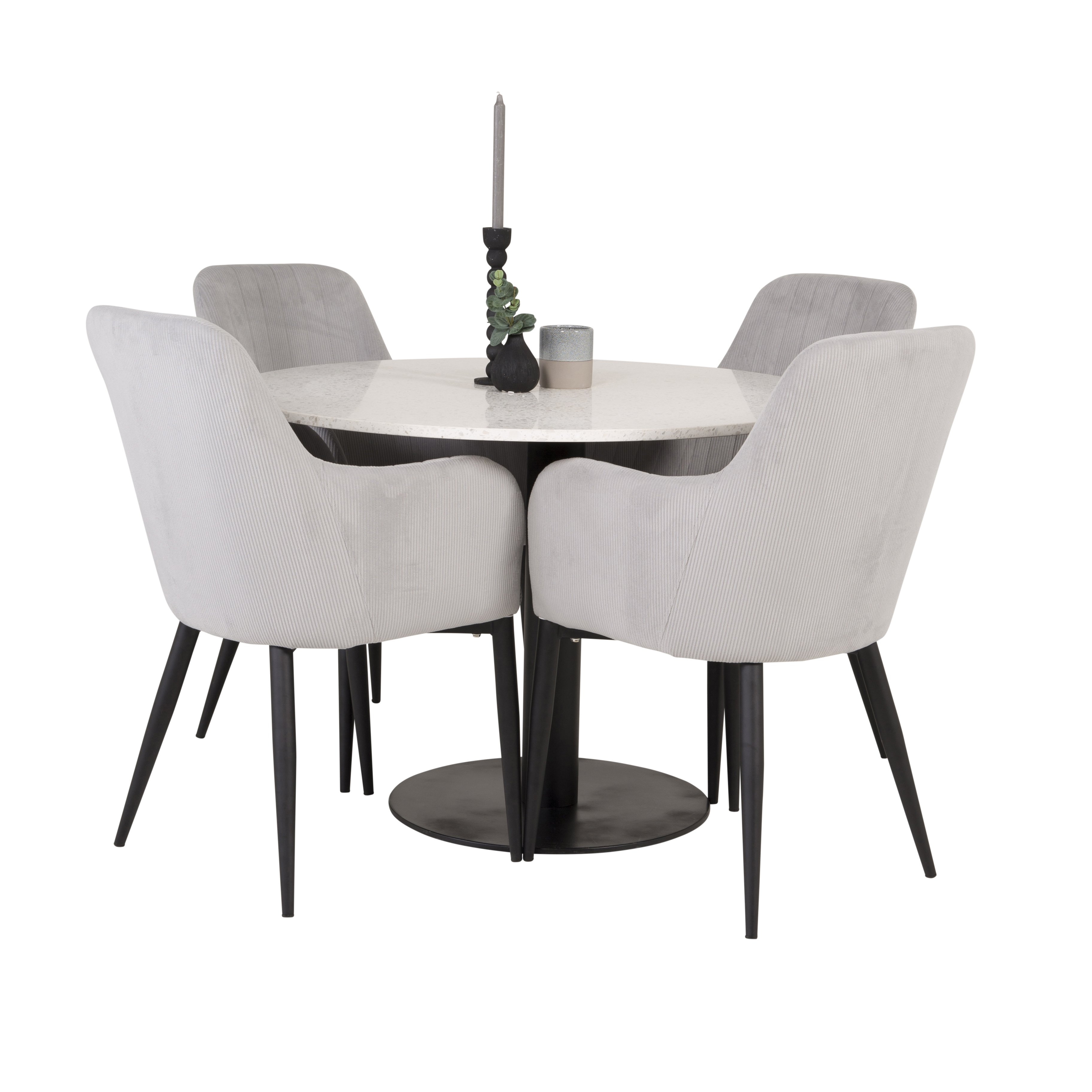 RazziaBord106cm-VitTerazzo/Black+Stol-Black/GråCordutoy4 Vit Bord med Svarta Ben, Ljusgrå Stol med Svarta Ben