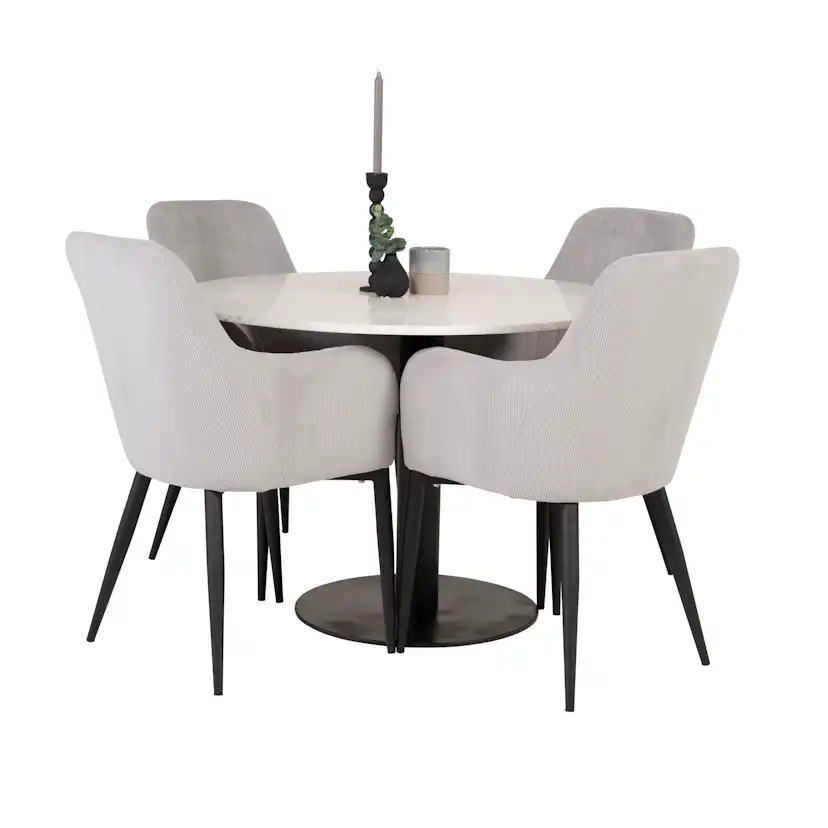 RazziaBord106cm-VitTerazzo/Black+Stol-Black/GråCordutoy4 Vit Bord med Svarta Ben, Ljusgrå Stol med Svarta Ben
