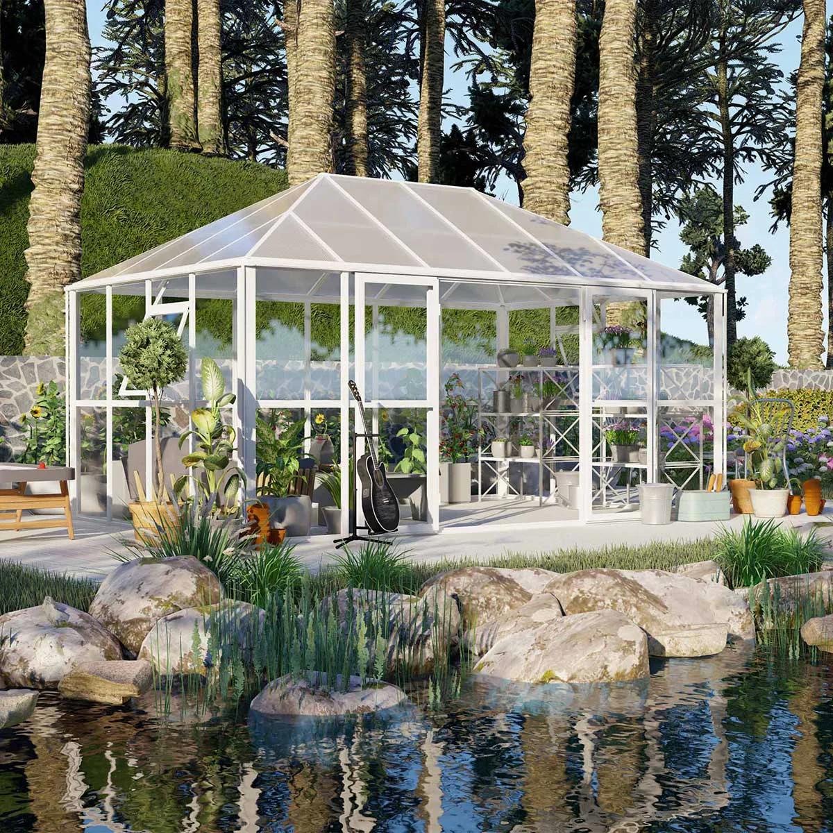 Gazebo 12,9m², glas, pc-tak med sockel, Vit Vit