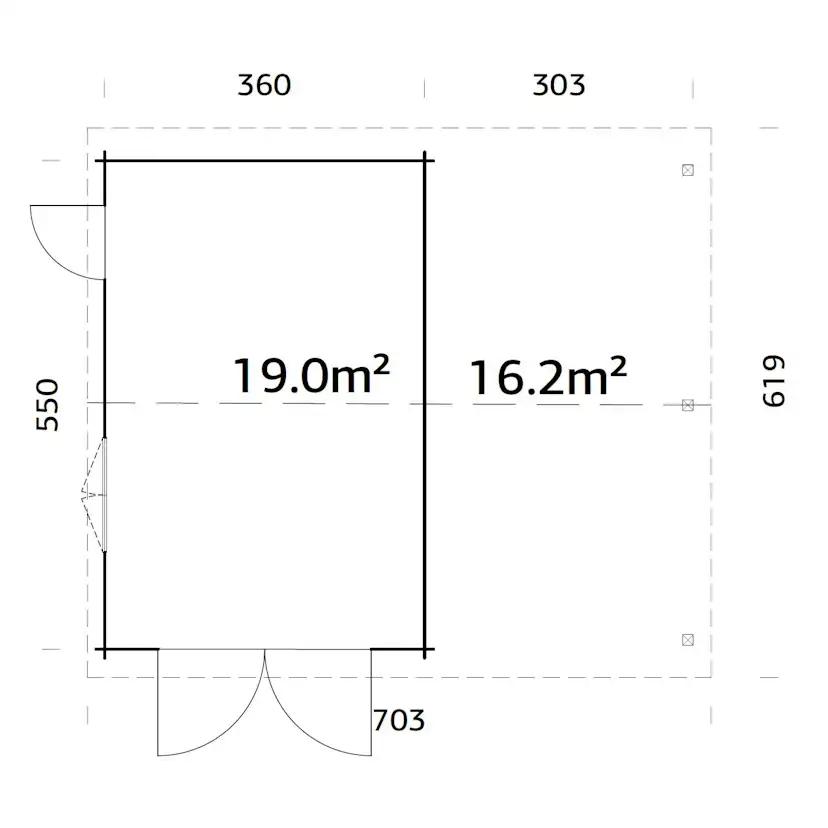 Roger 19,0+16,2 m2 with wooden gate WTDIP Impregnerad transparent