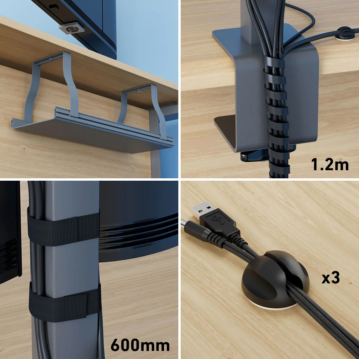 Kabelkanal D-LINE Kabelorganiseringssats Skrivbord Grå