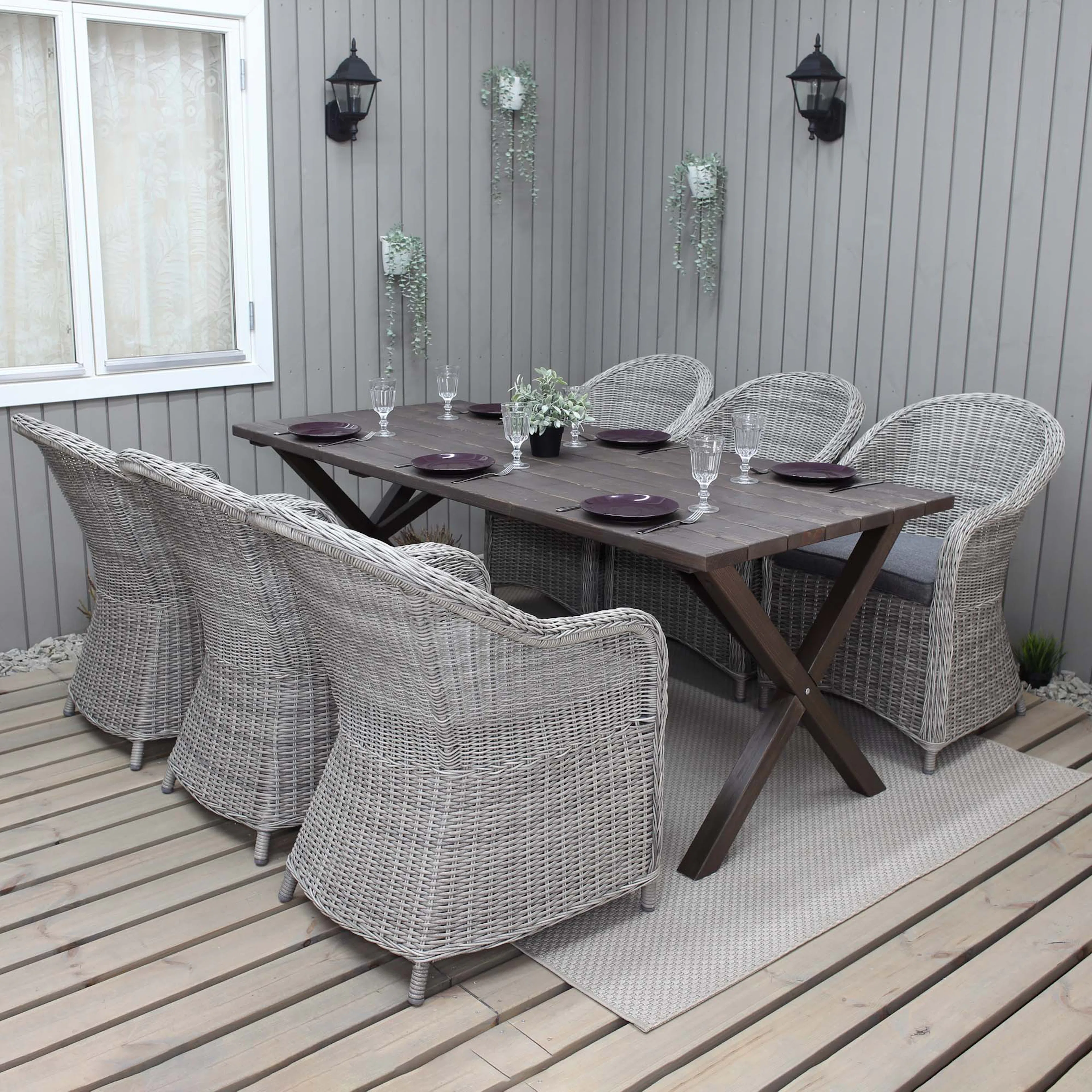 190 cm Bord & 6 Daisy grå stolar Brun