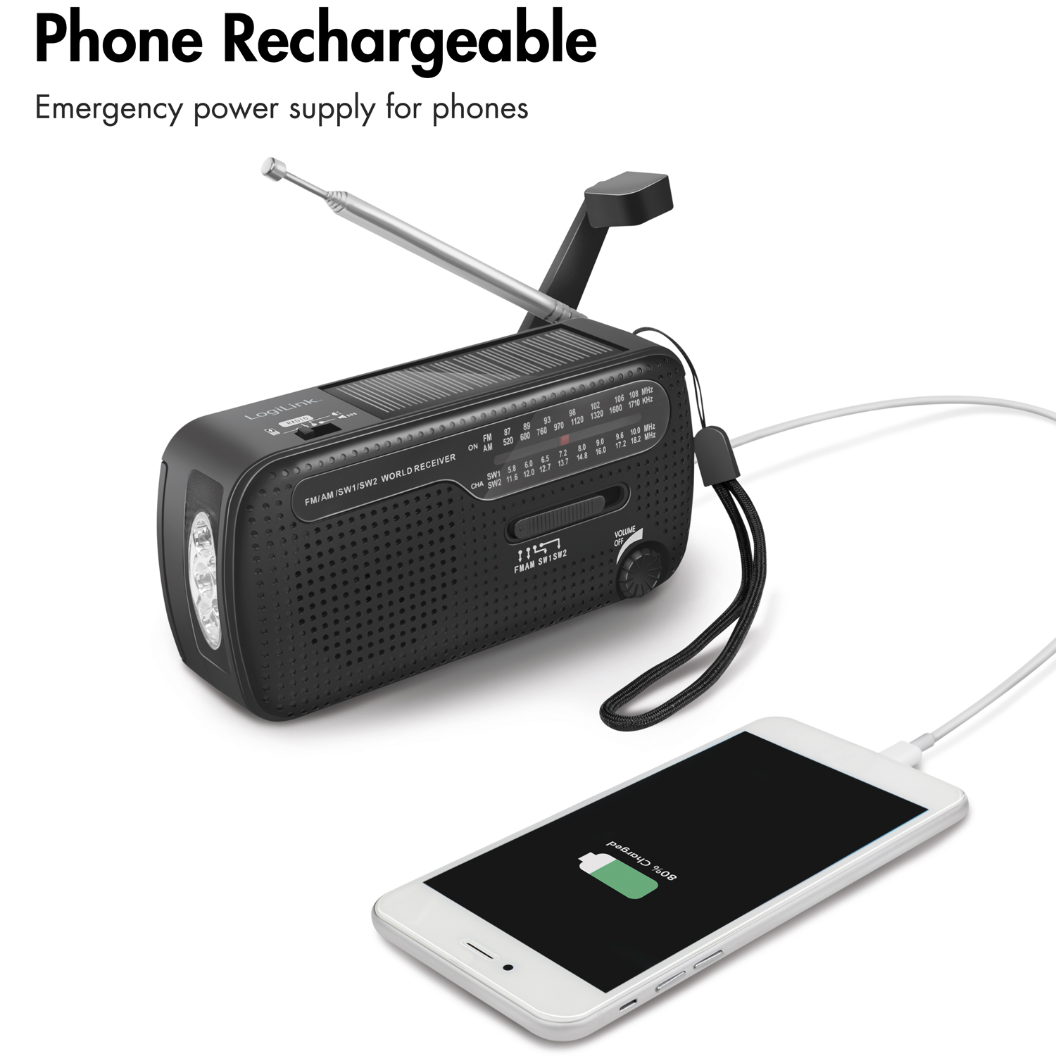 Vevradio LogiLink med Ficklampa och Solcell